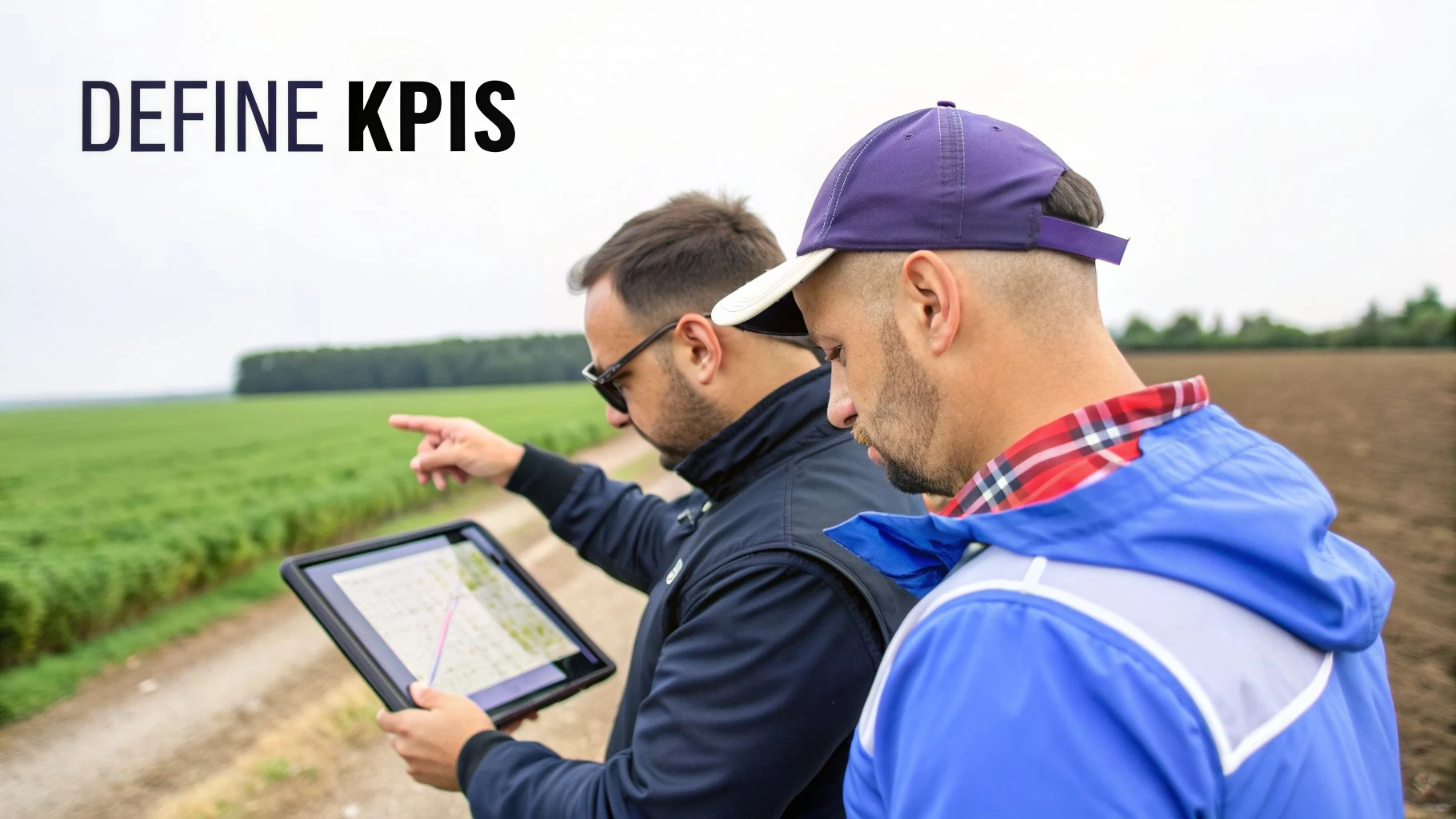 Farmers or agronomists using a tablet to plan and define KPIs in a green field.