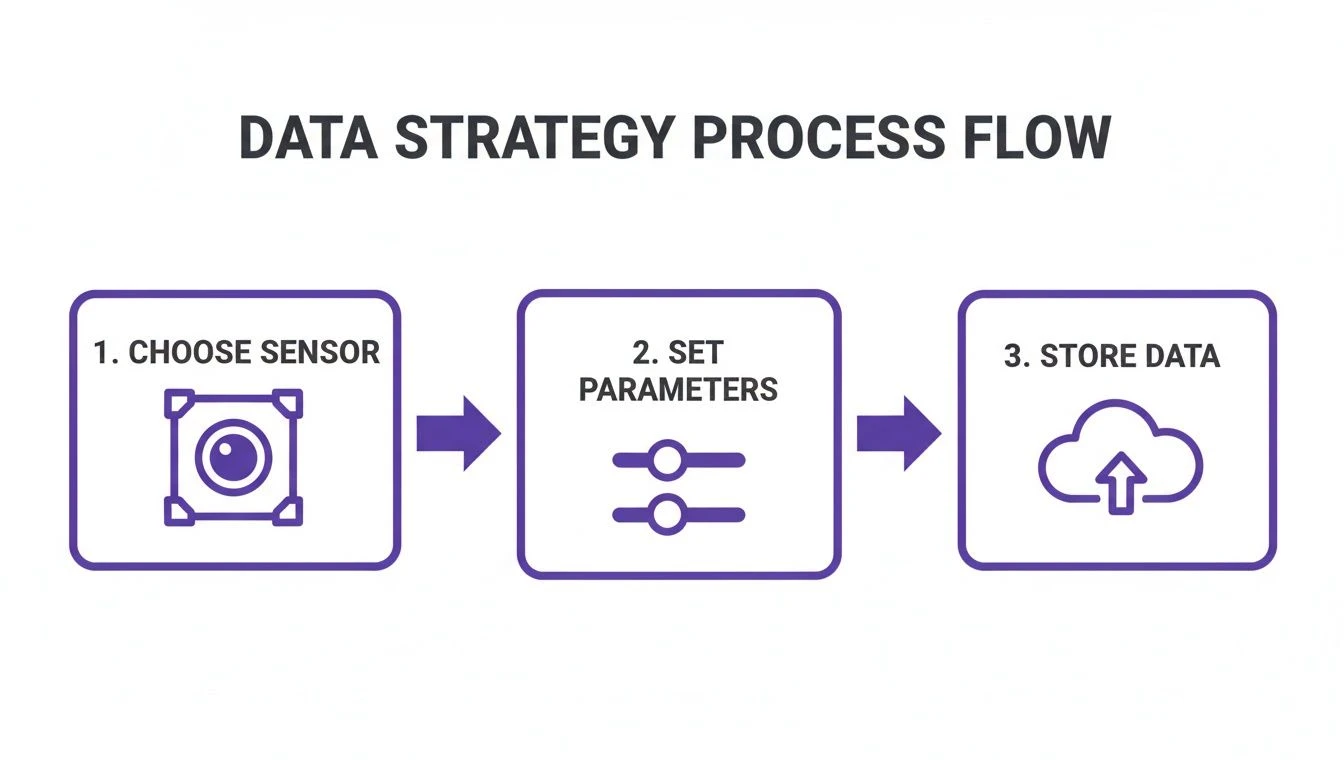 A data strategy process flow diagram outlining the steps: choose sensor, set parameters, and store data.