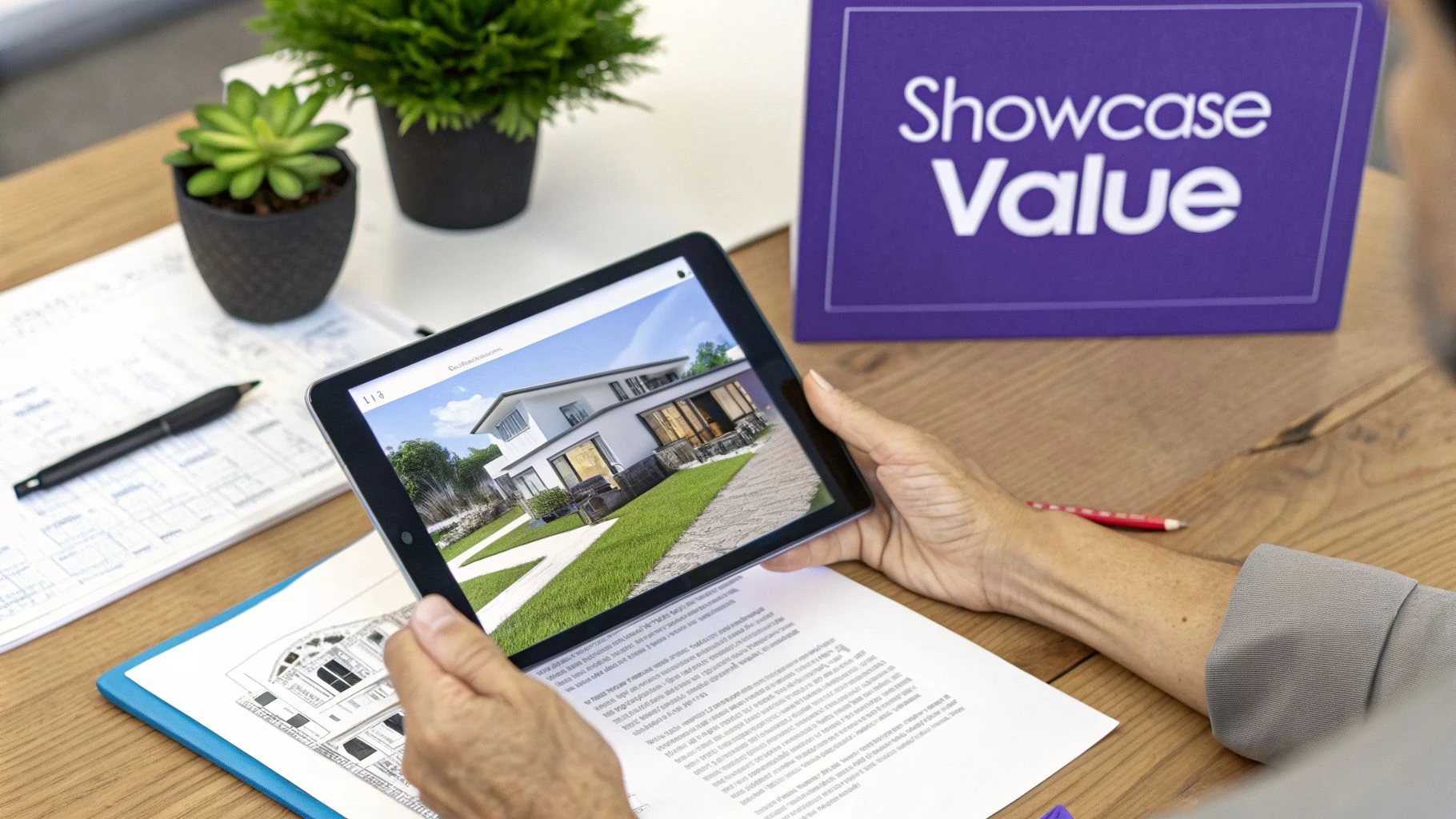 Person reviews modern house design on a tablet, surrounded by documents, plants, and a 'Showcase Value' sign on a desk.