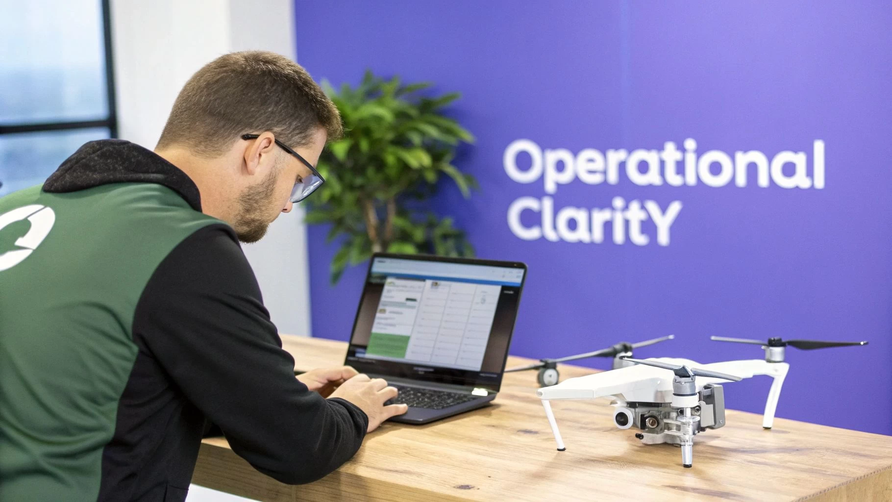 A man in glasses uses a laptop next to a drone, displaying a dashboard on screen, against a purple 'Operational Clarity' wall.