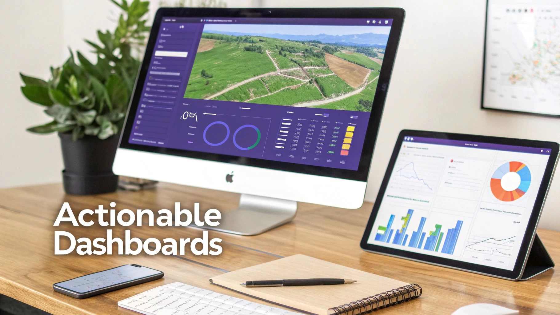A desk with a desktop computer and tablet displaying data dashboards for actionable insights, alongside a smartphone.
