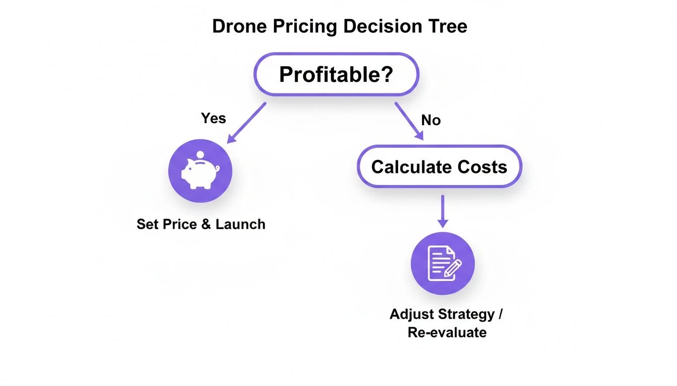 A decision tree for drone pricing strategies, illustrating paths for profitability, cost calculation, and re-evaluation.