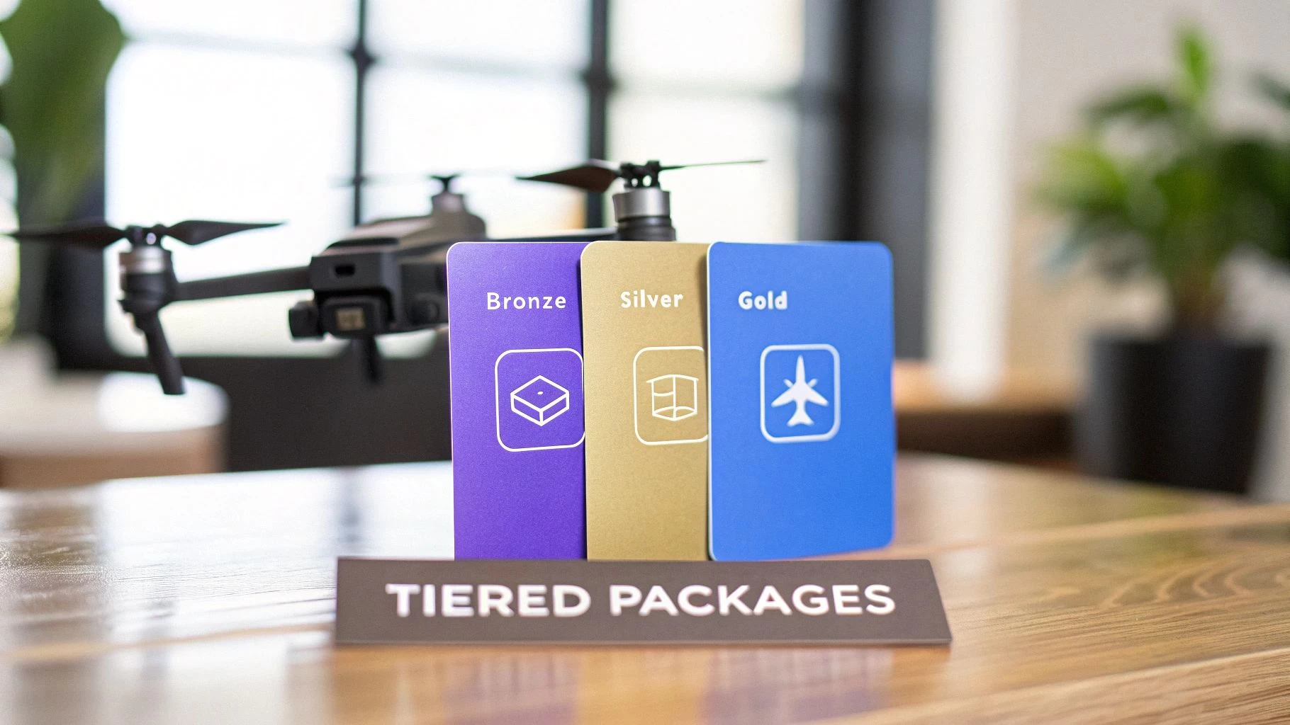 Three tiered package cards (Bronze, Silver, Gold) are displayed in front of a drone.