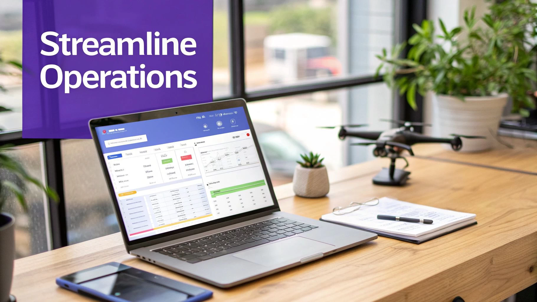 Laptop on a modern wooden desk displaying a dashboard, next to a drone model and a phone.