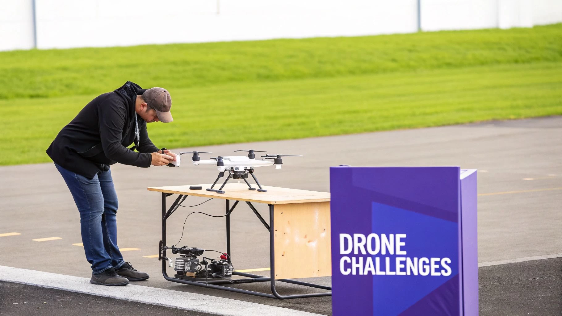 A man in a cap adjusts a white drone on a table at a drone challenge event.