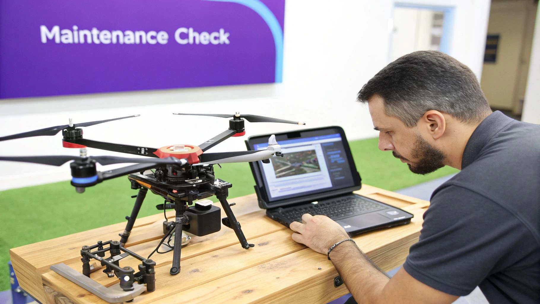 A man conducts a maintenance check on a large drone, looking at a laptop screen.