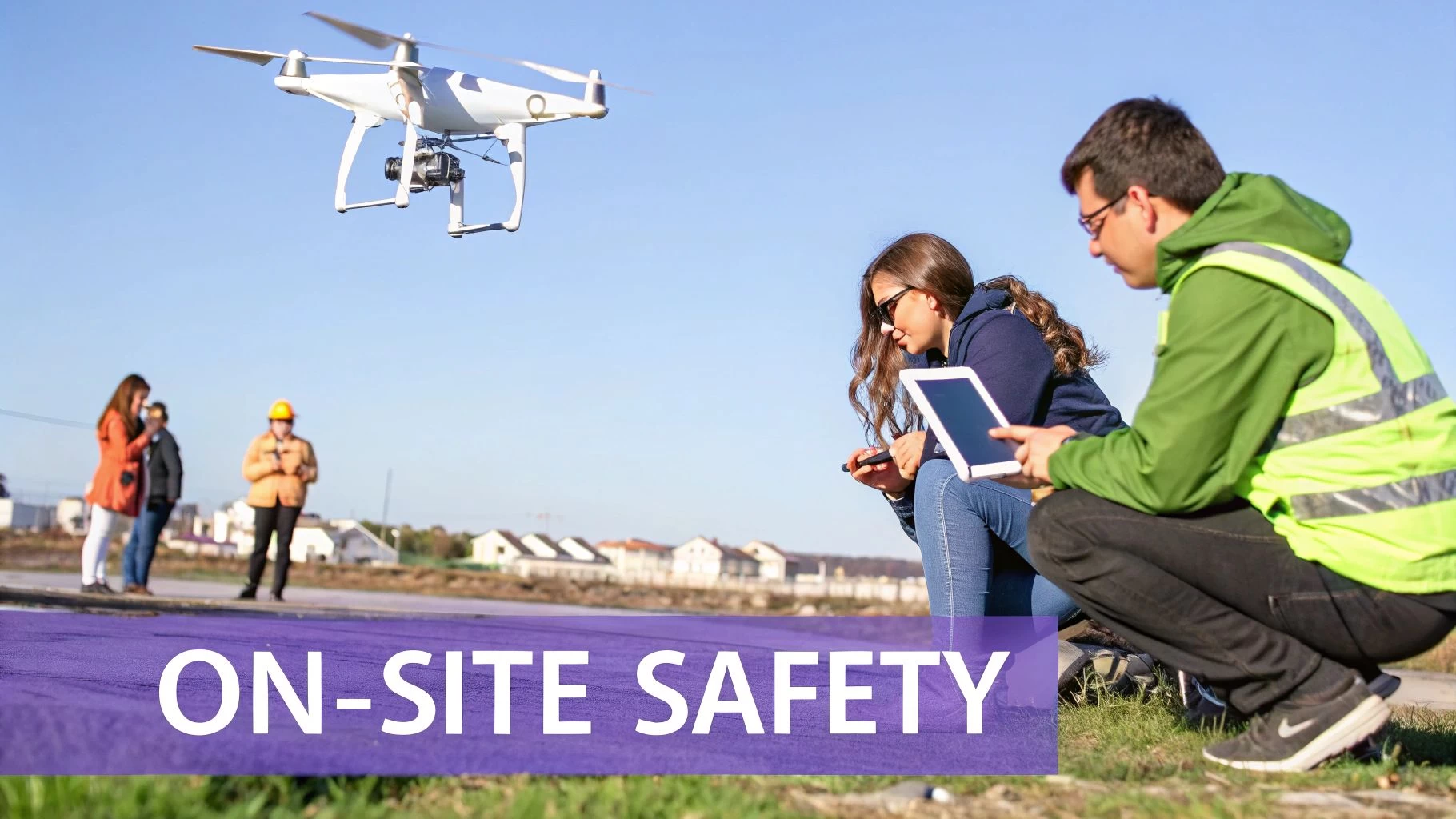 A team of people, including one in a safety vest, operating a white drone outdoors for on-site safety.