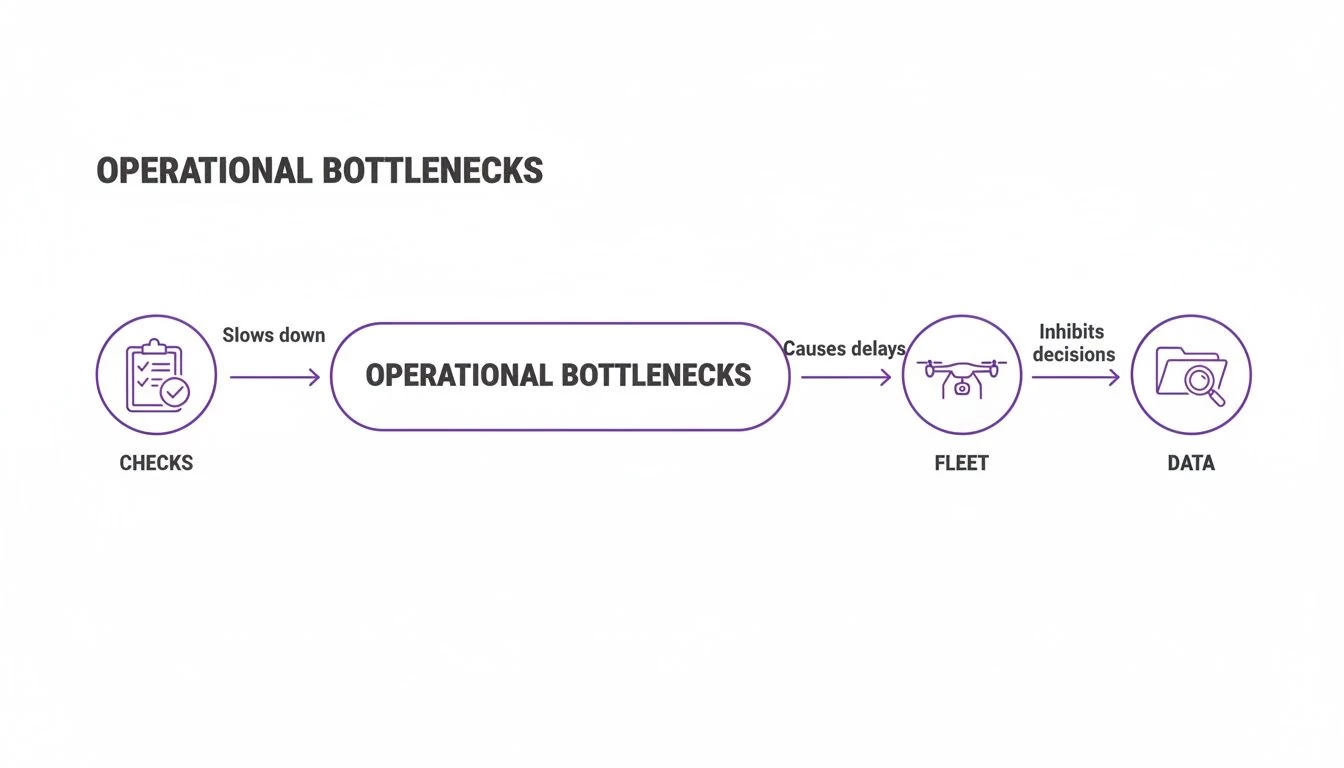 Flowchart illustrating how operational bottlenecks impact checks, drone fleet operations, and data-driven decisions.
