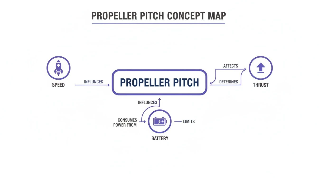 Concept map illustrating the relationships between propeller pitch, speed, thrust, and battery.