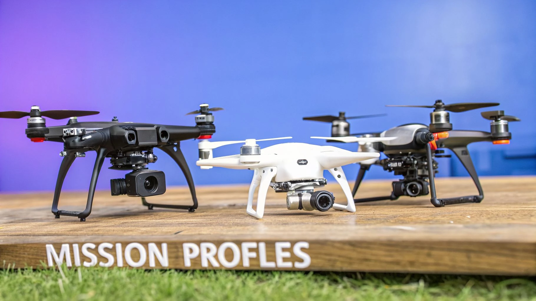 A lineup of three quadcopter drones on a wooden board with "MISSION PROFILES" text.