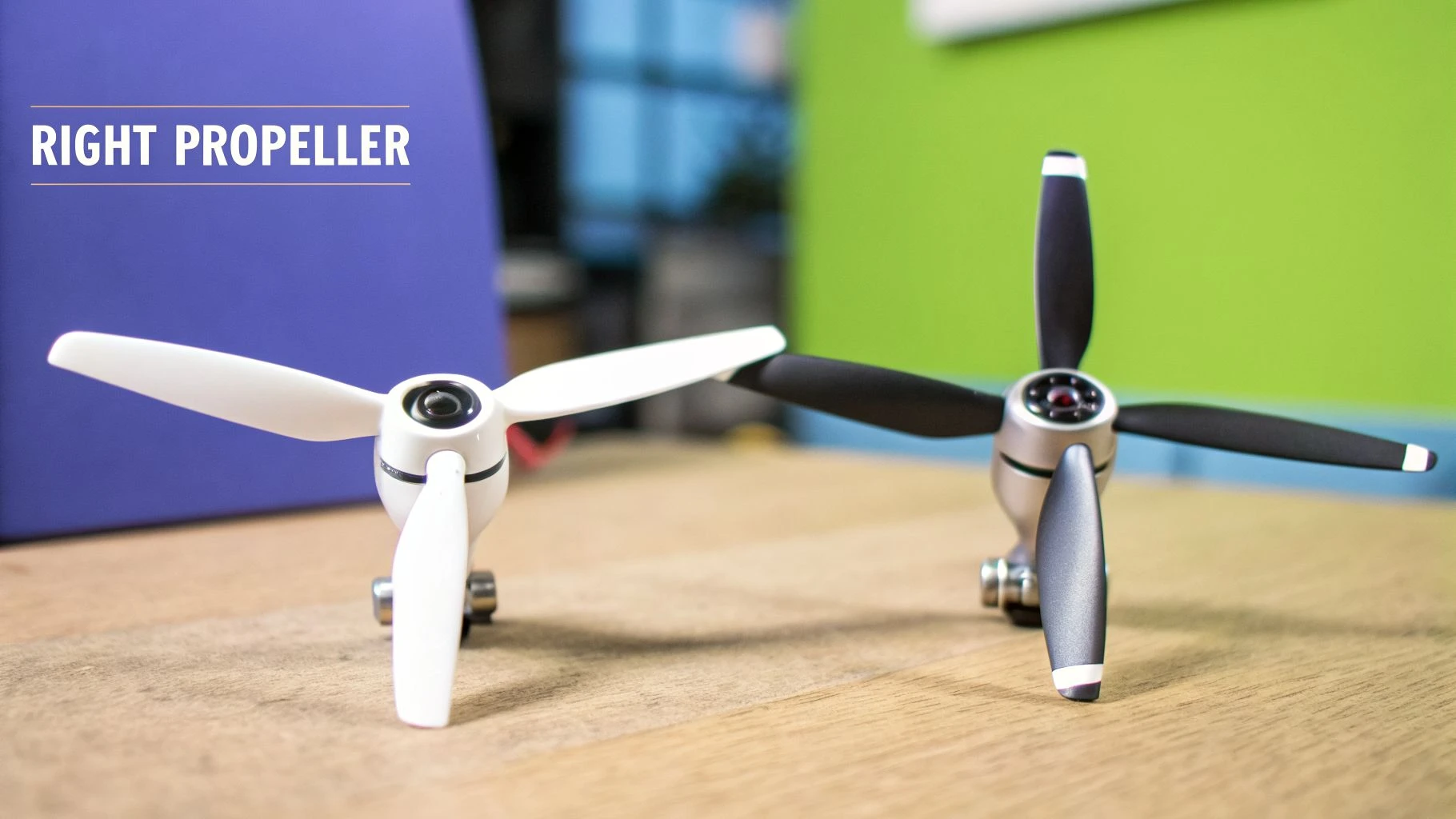 White and black drone propellers with three blades each, displayed on a light wooden surface.