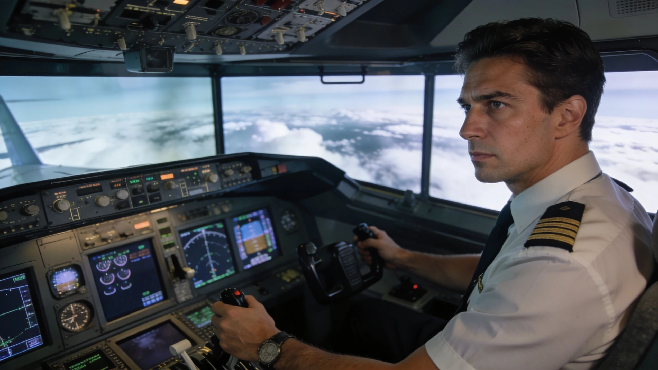 A professional male pilot focused while operating an aircraft flight simulator, wearing his uniform and captain stripes.