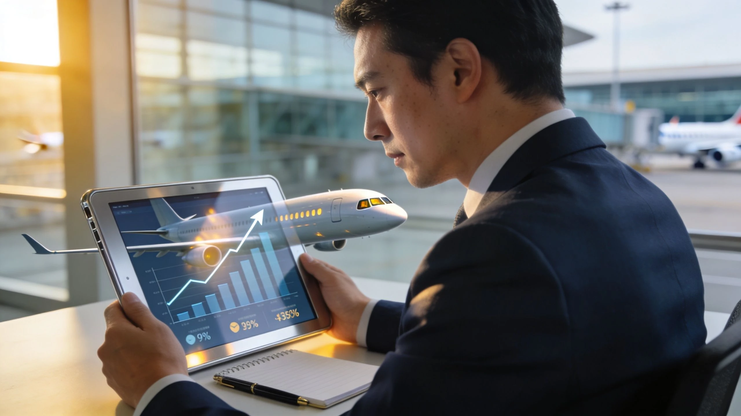 A professional man holding a tablet displaying aviation data analytics with a 3D airplane model hologram.