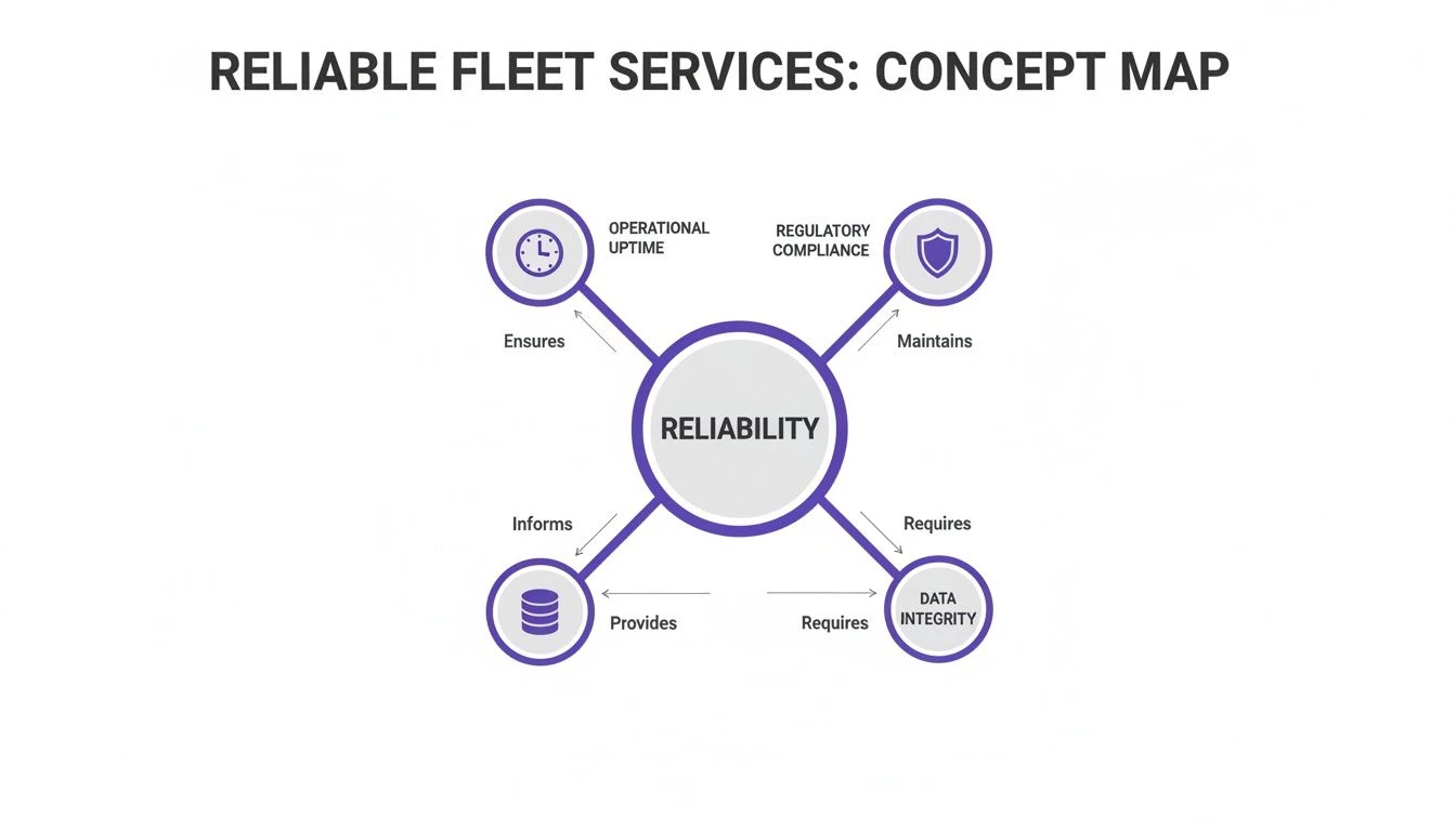 Concept map illustrating fleet service reliability, showing connections to operational uptime, compliance, and data integrity.