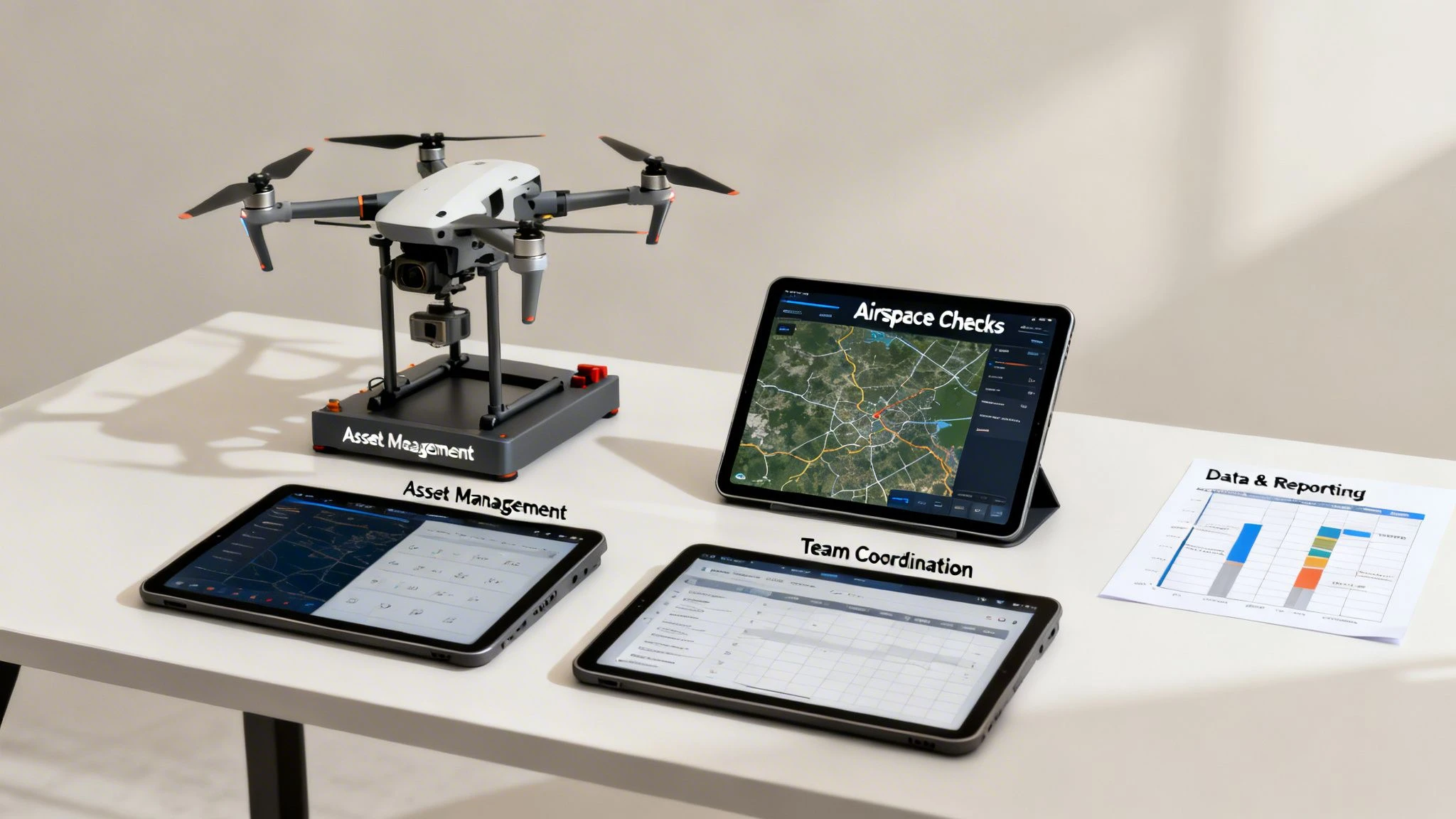 Drone on a charging stand with tablets displaying asset management, airspace checks, team coordination, and data reporting.