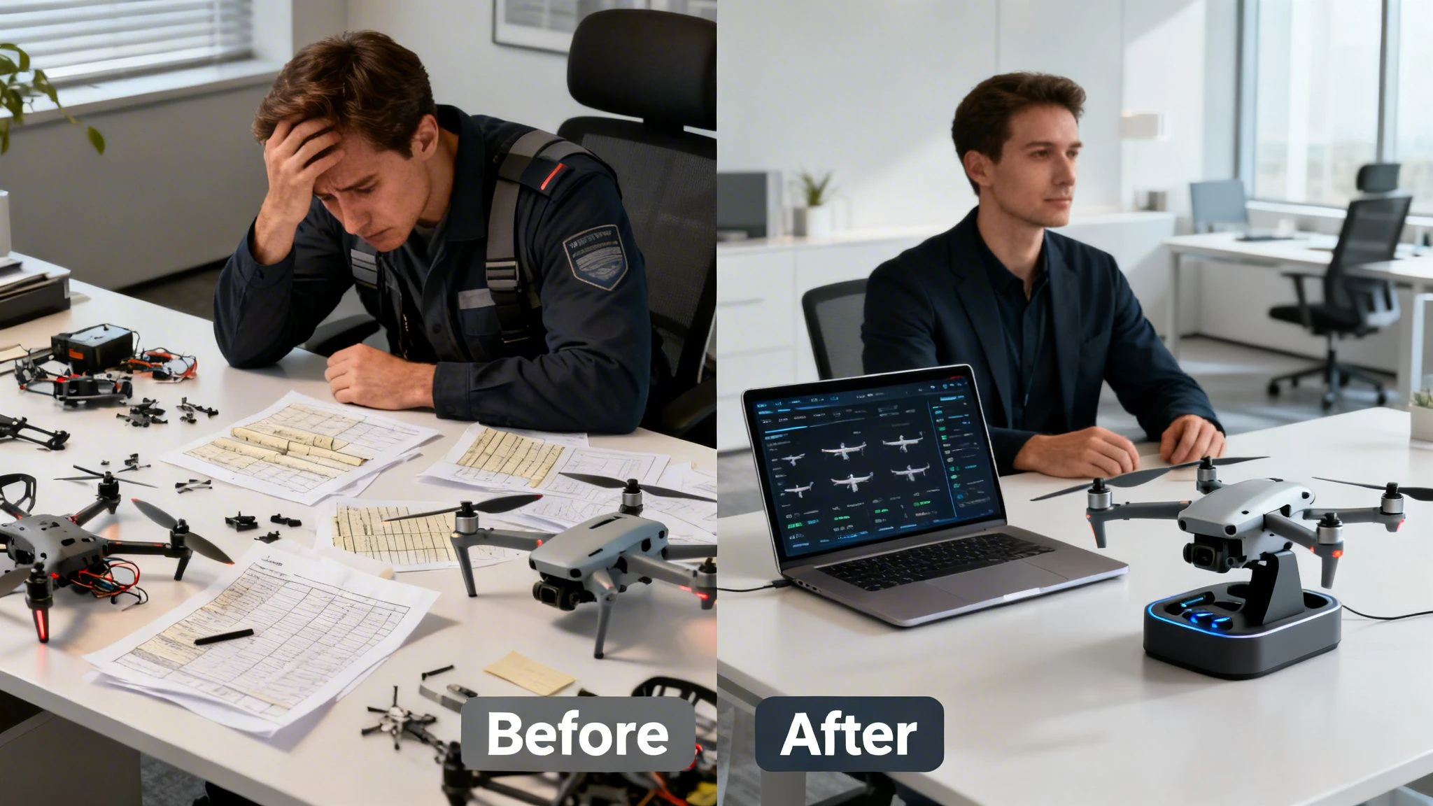 Before and after: Frustrated man with disassembled drones vs. calm man managing a drone fleet.