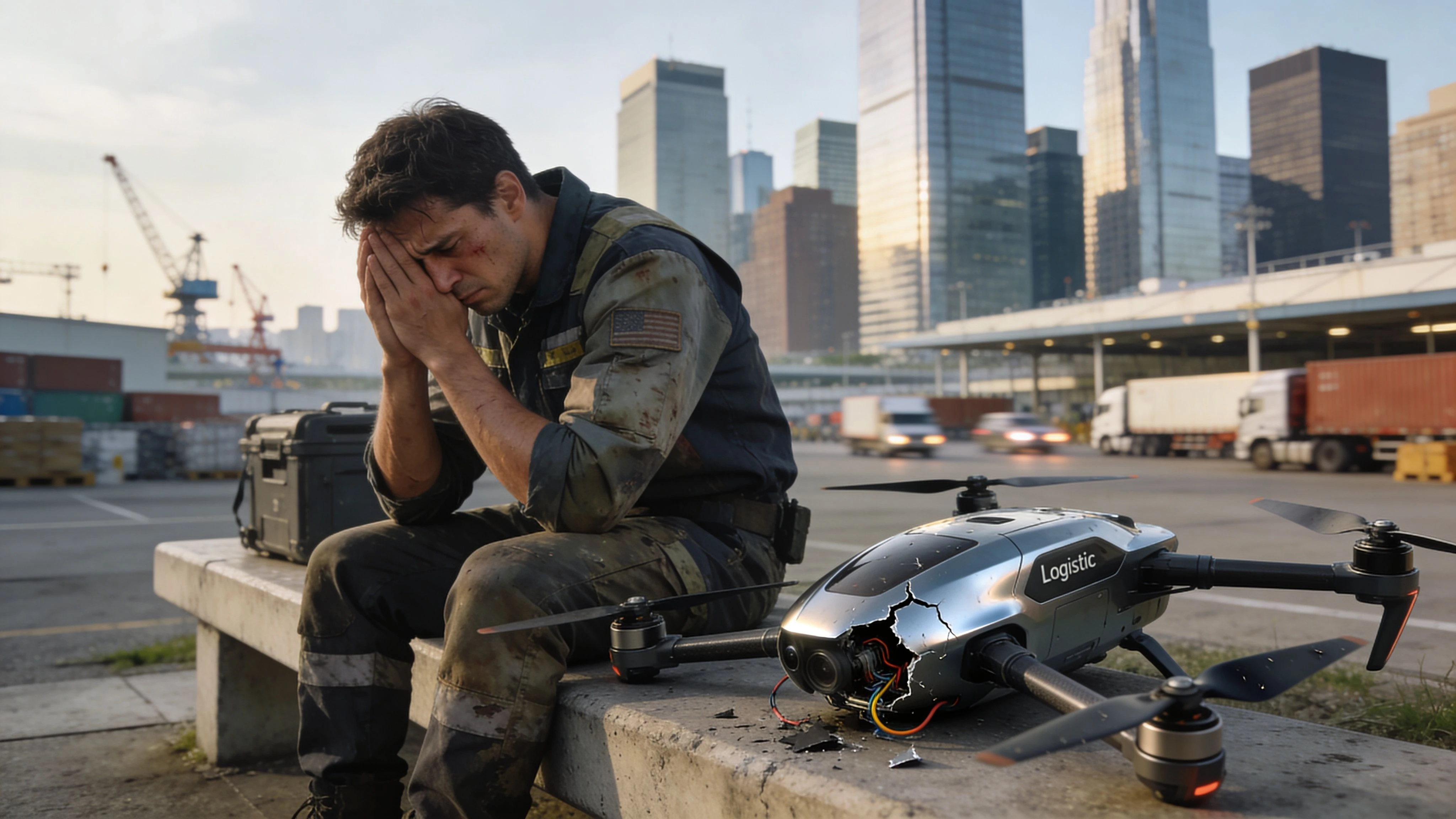 A distressed technician sits on a bench next to a crashed, broken drone in an industrial shipping yard.