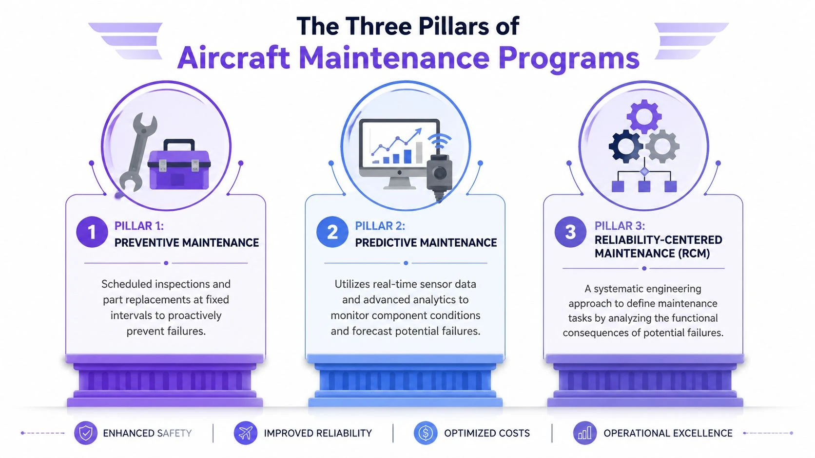 An infographic titled The Three Pillars of Aircraft Maintenance Programs illustrating preventive, predictive, and reliability-centered maintenance strategies.