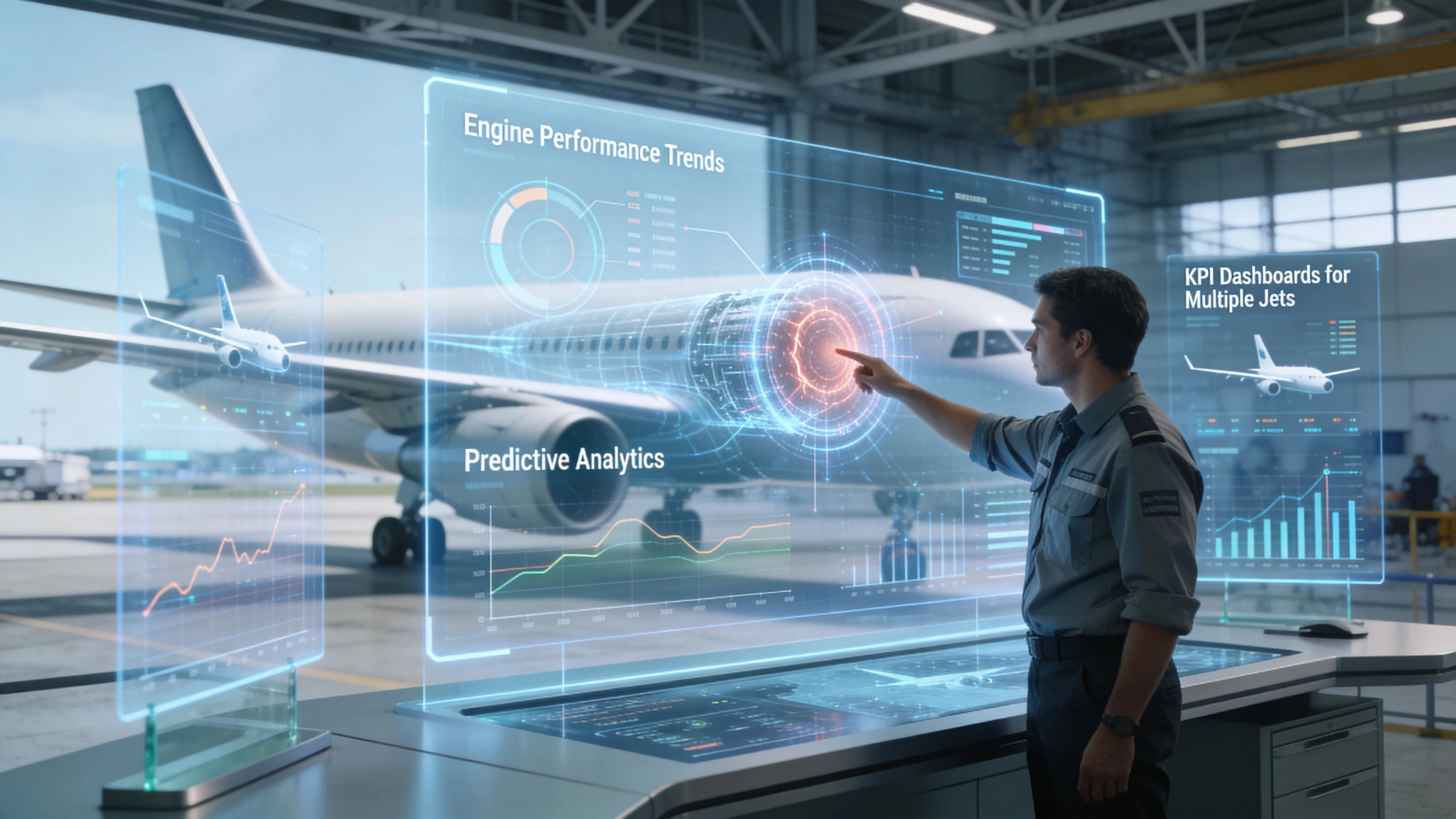 A technician interacts with a holographic interface showing engine data and predictive analytics for aircraft maintenance.