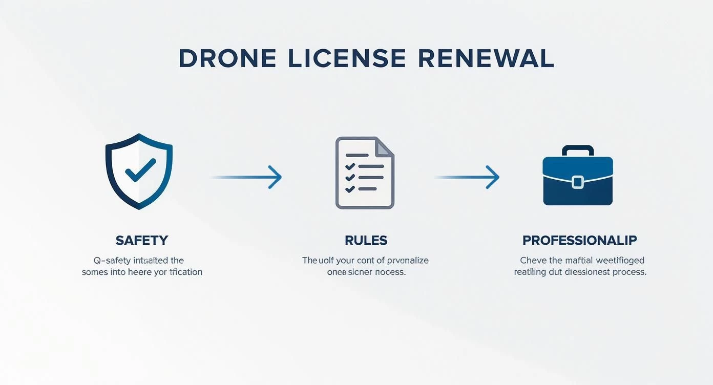 Infographic illustrating the three steps for drone license renewal: safety, rules, and professionalism.