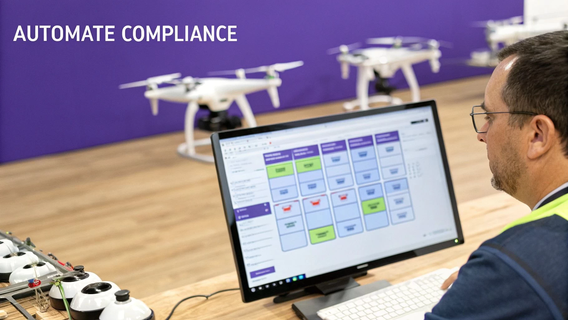 Man in safety vest uses computer to automate drone compliance, with drones visible in the background.