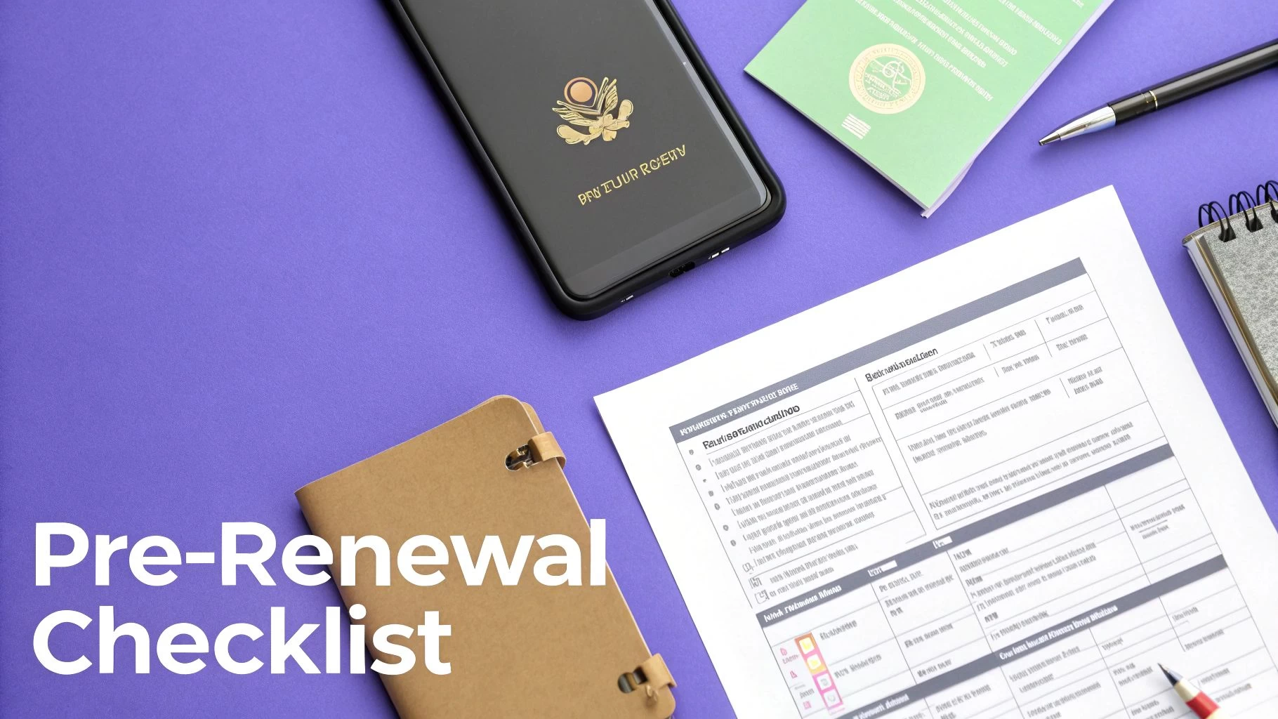 A flat lay showing a 'Pre-Renewal Checklist,' smartphone, official documents, and a pen on a purple surface.
