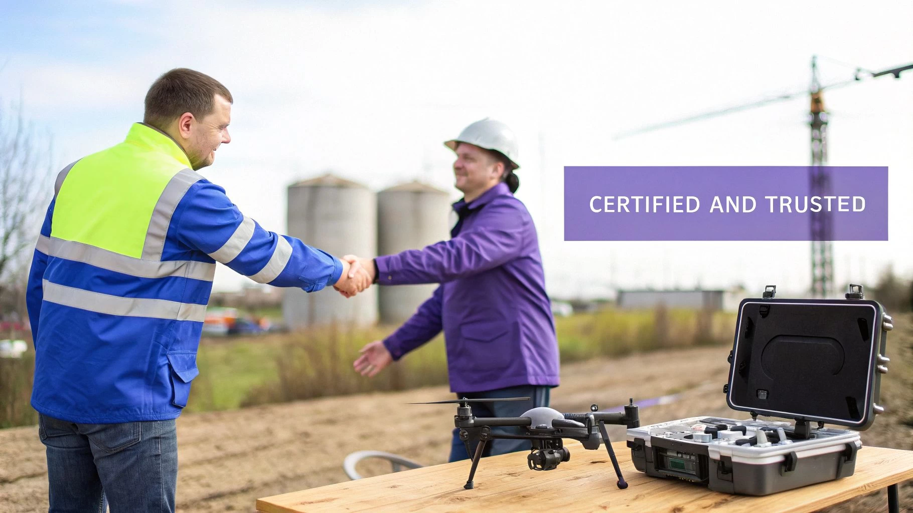 Two certified drone professionals shaking hands at construction site with commercial drone equipment