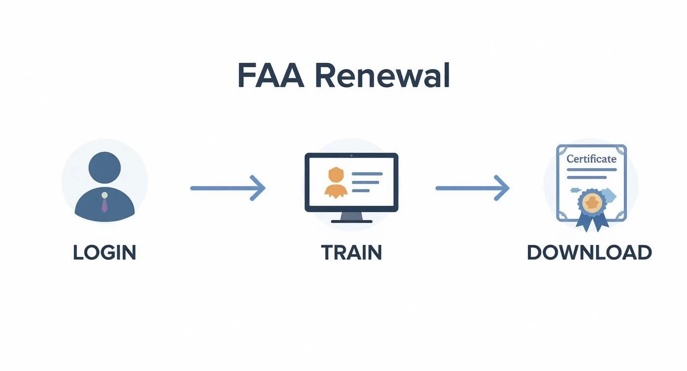 FAA renewal process diagram showing three steps: login, train, and download certificate