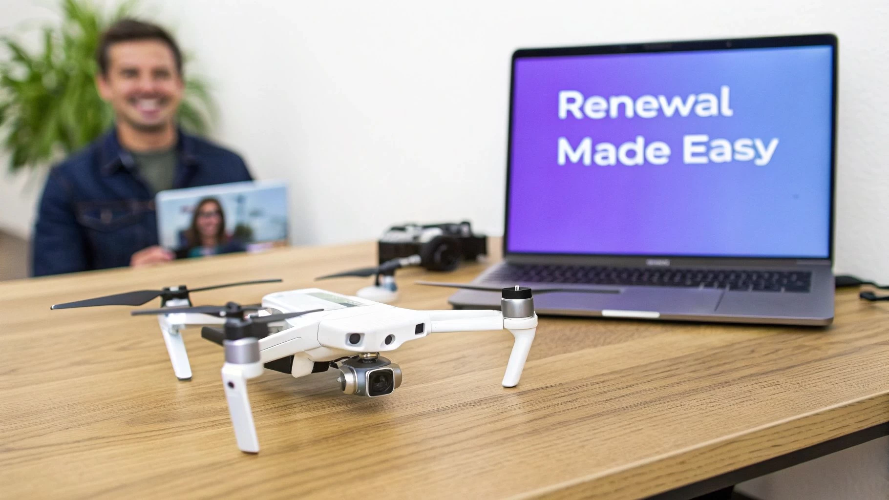 A white drone on a wooden desk, a laptop displaying 'Renewal Made Easy,' and a smiling man.
