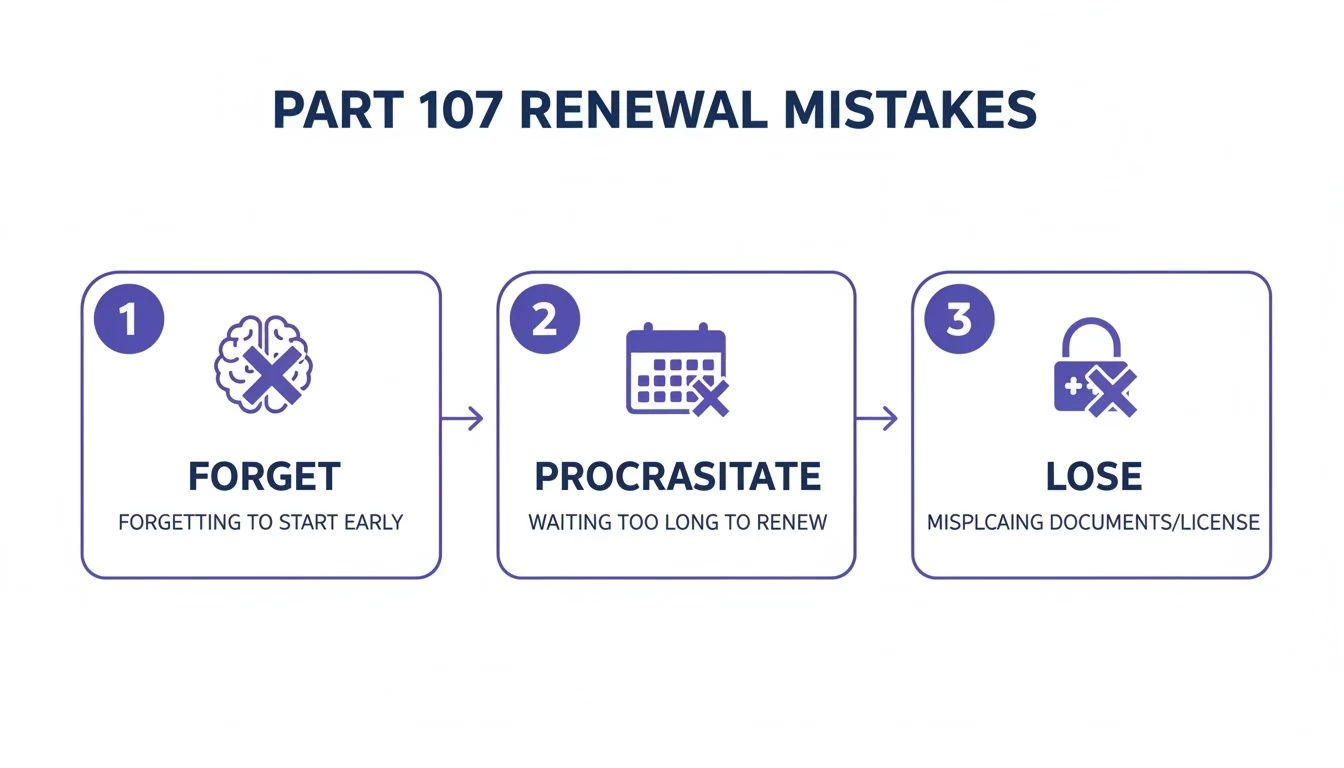 Infographic showing three common mistakes in Part 107 renewal: forgetting, procrastinating, and losing documents.