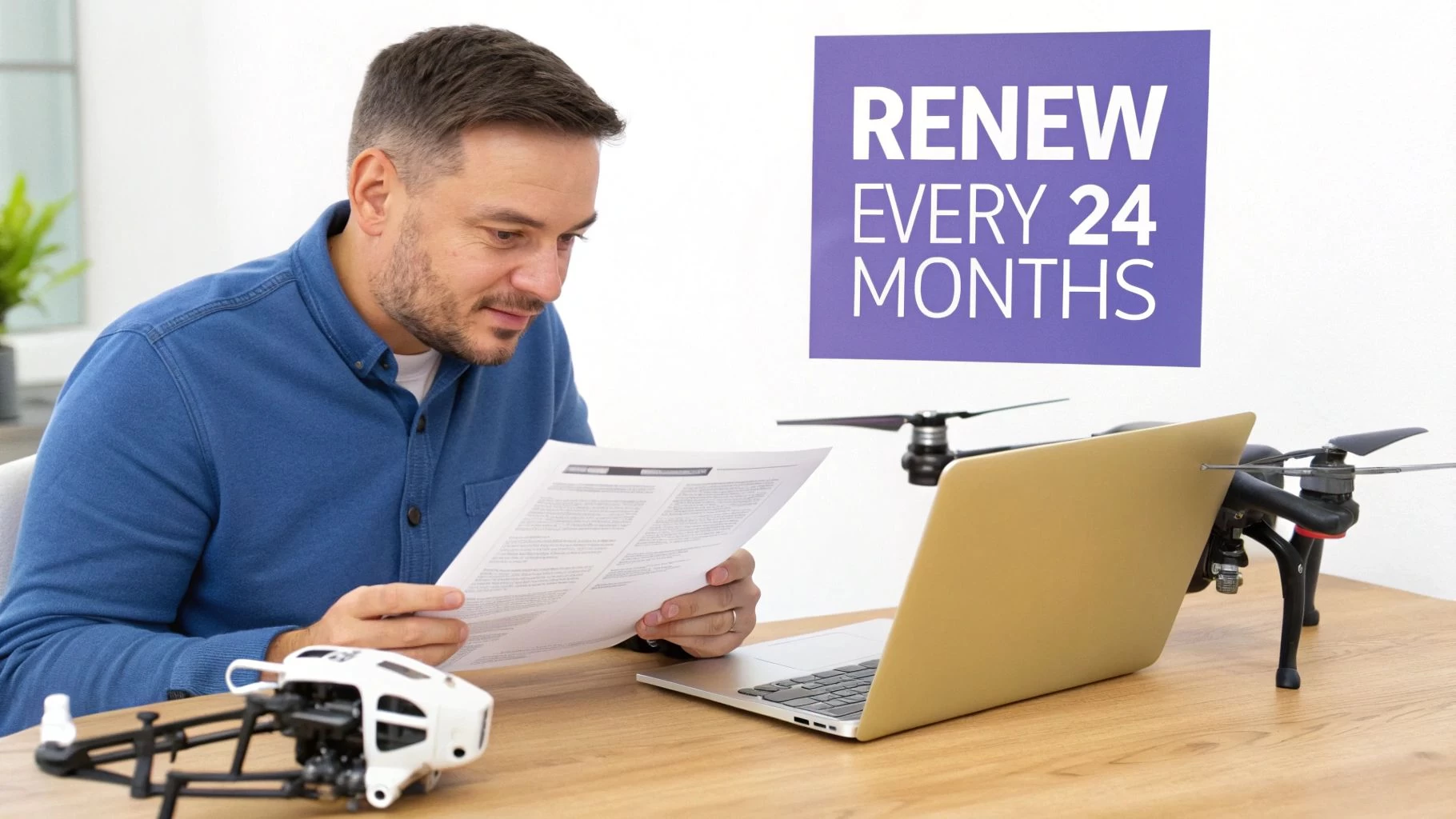 A man reviewing documents at a desk with a laptop, drones, and a 'Renew Every 24 Months' sign.