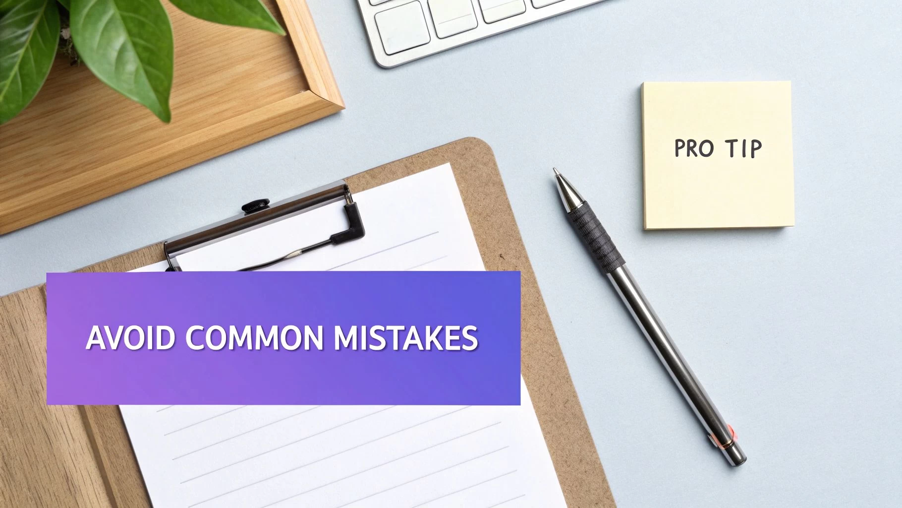 A desk flatlay with a 'PRO TIP' sticky note and a banner saying 'AVOID COMMON MISTAKES'.