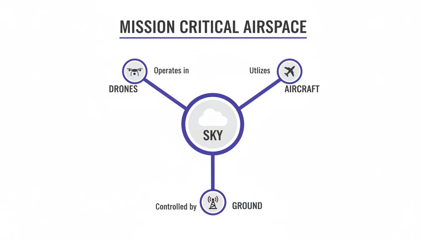 Diagram illustrating mission critical airspace, showing drones operating in the sky, aircraft utilizing the sky, and ground controlling the sky.