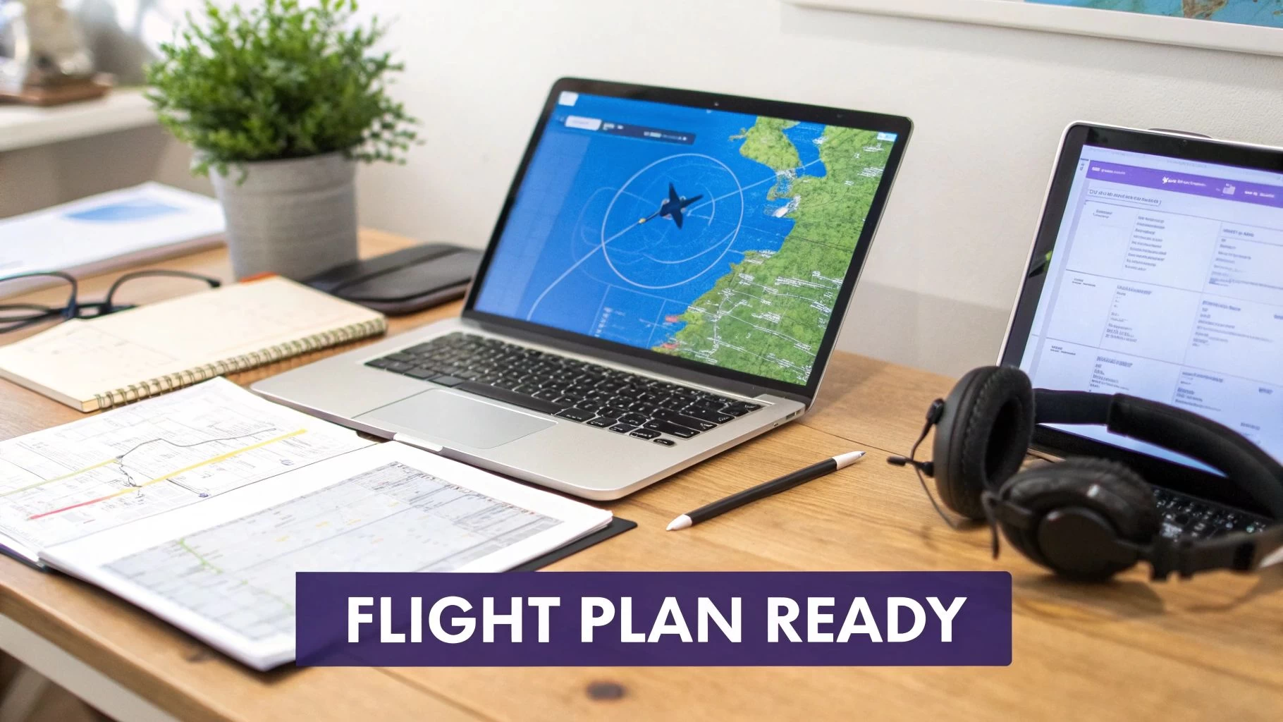 A desk with two laptops showing flight planning software, maps, documents, headphones, and a pen, with a 'FLIGHT PLAN READY' banner.