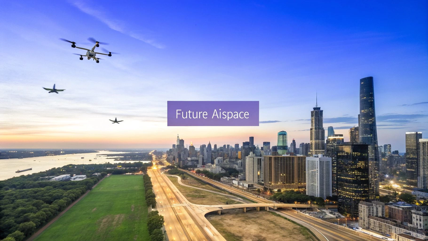 Drones and futuristic aircraft fly over a modern city skyline and highways at sunset, depicting future airspace.