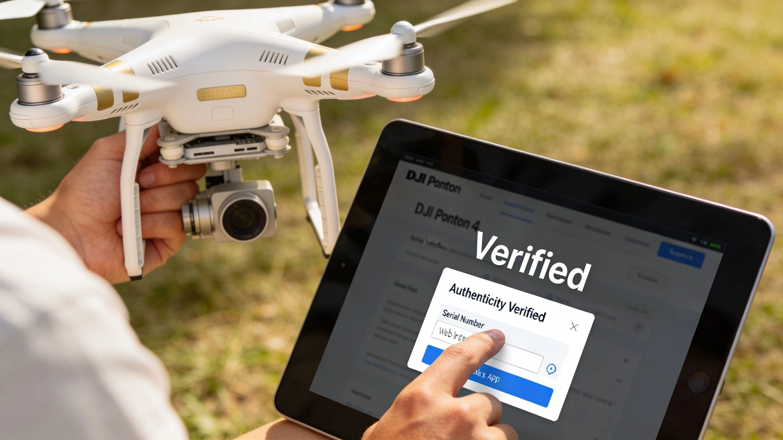 A person checking the authenticity of a DJI Phantom 4 drone using a digital verification app on tablet.