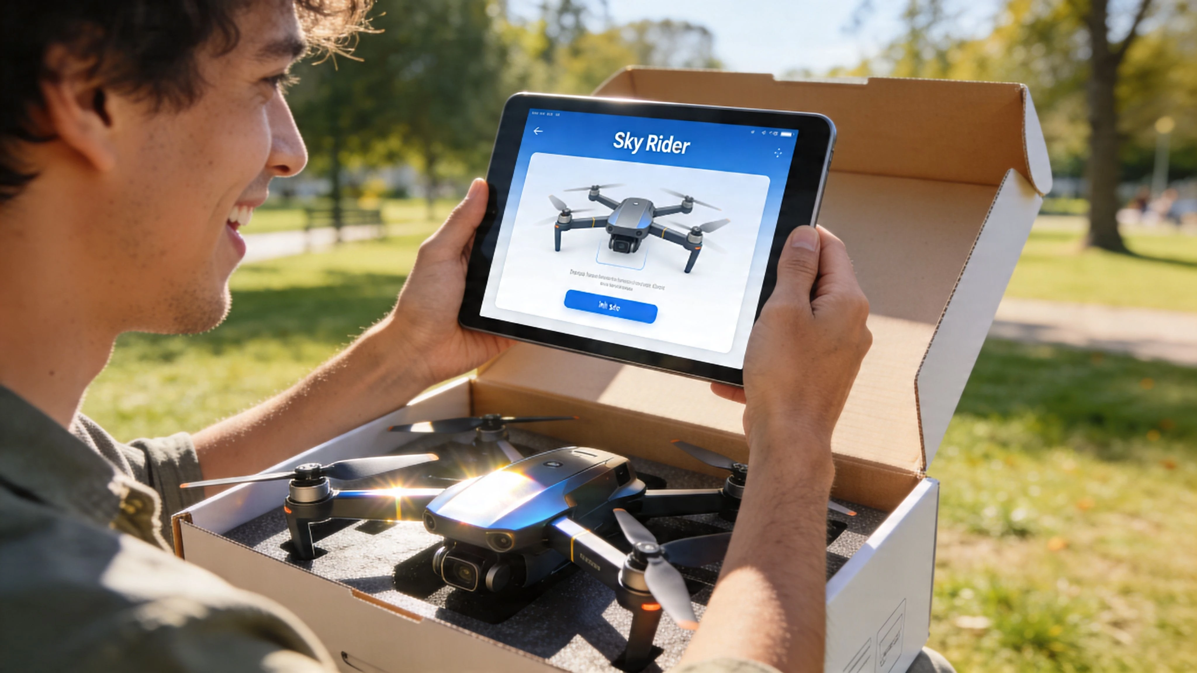 A young man unboxing a Sky Rider drone while using its control app on a digital tablet
