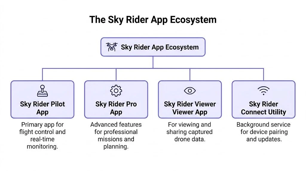 A chart showing the Sky Rider App Ecosystem with four drone application components and their functions.