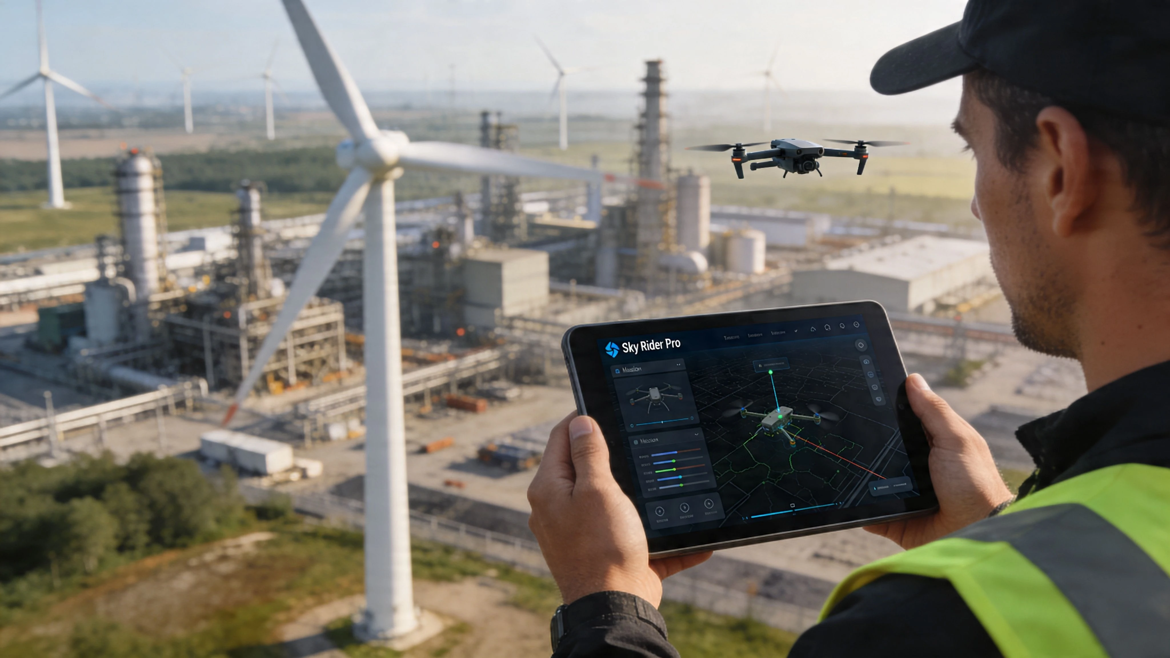 A professional drone operator using the Sky Rider Pro tablet app to pilot a drone over an industrial site.