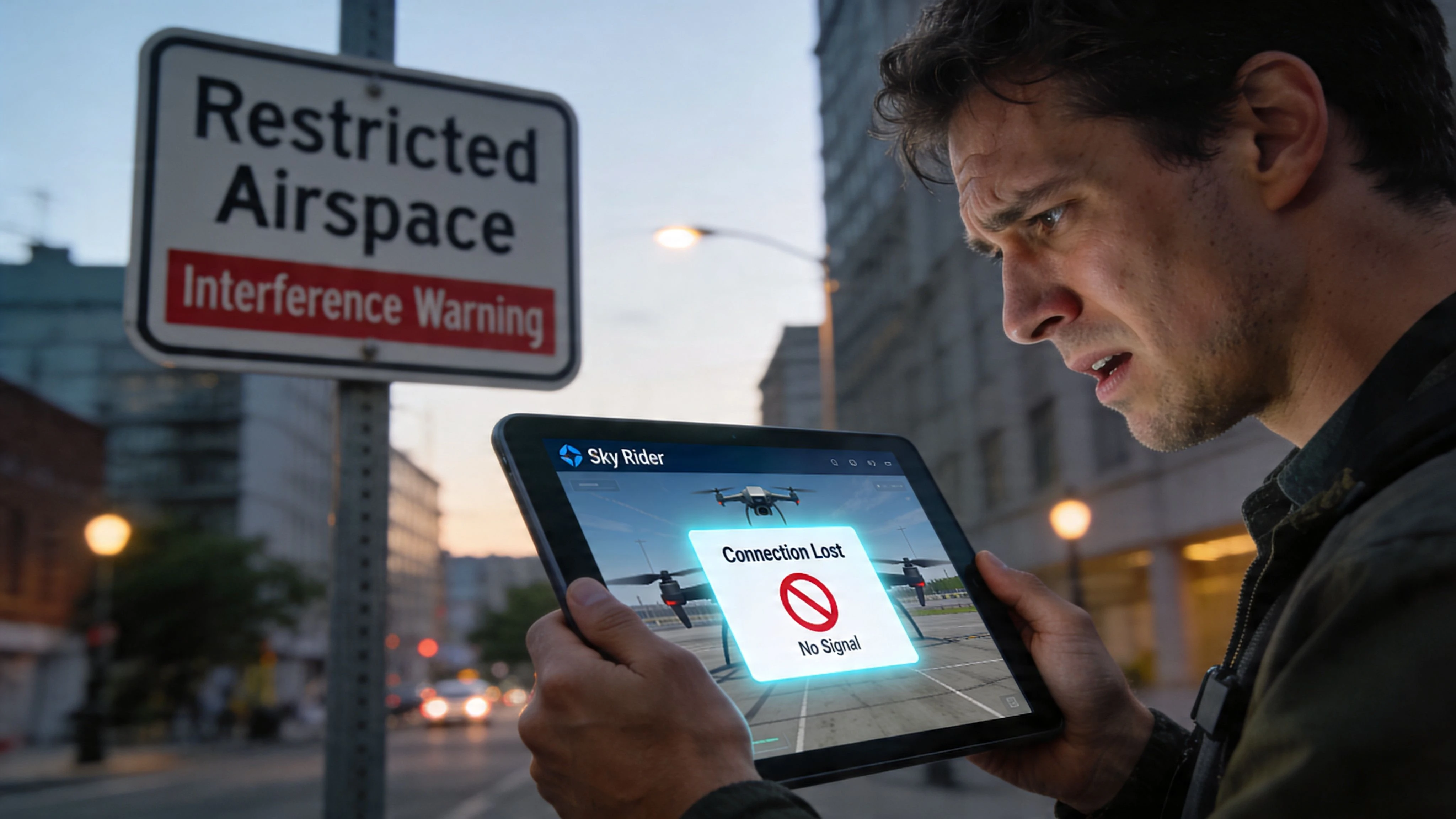 A concerned man holds a tablet displaying a connection lost error while standing near a restricted airspace sign.
