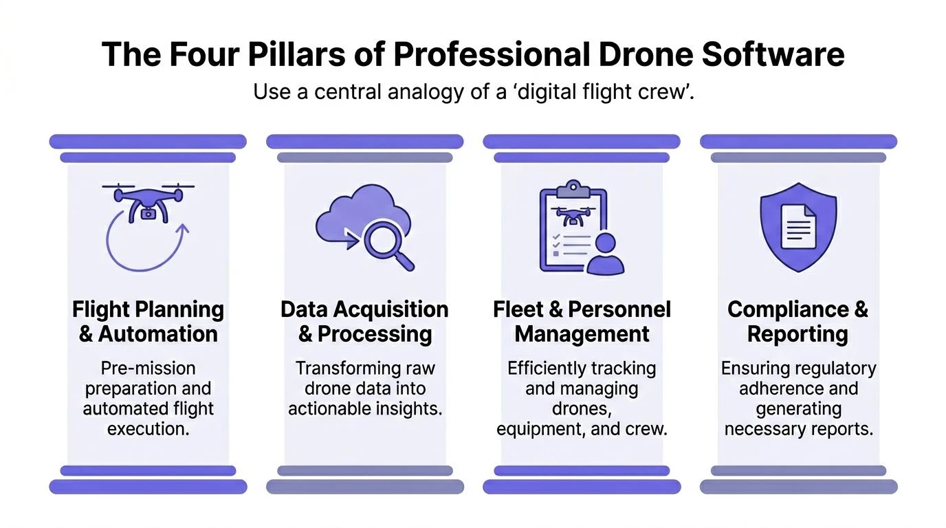 A diagram illustrating the four pillars of professional drone software for a digital flight crew strategy.