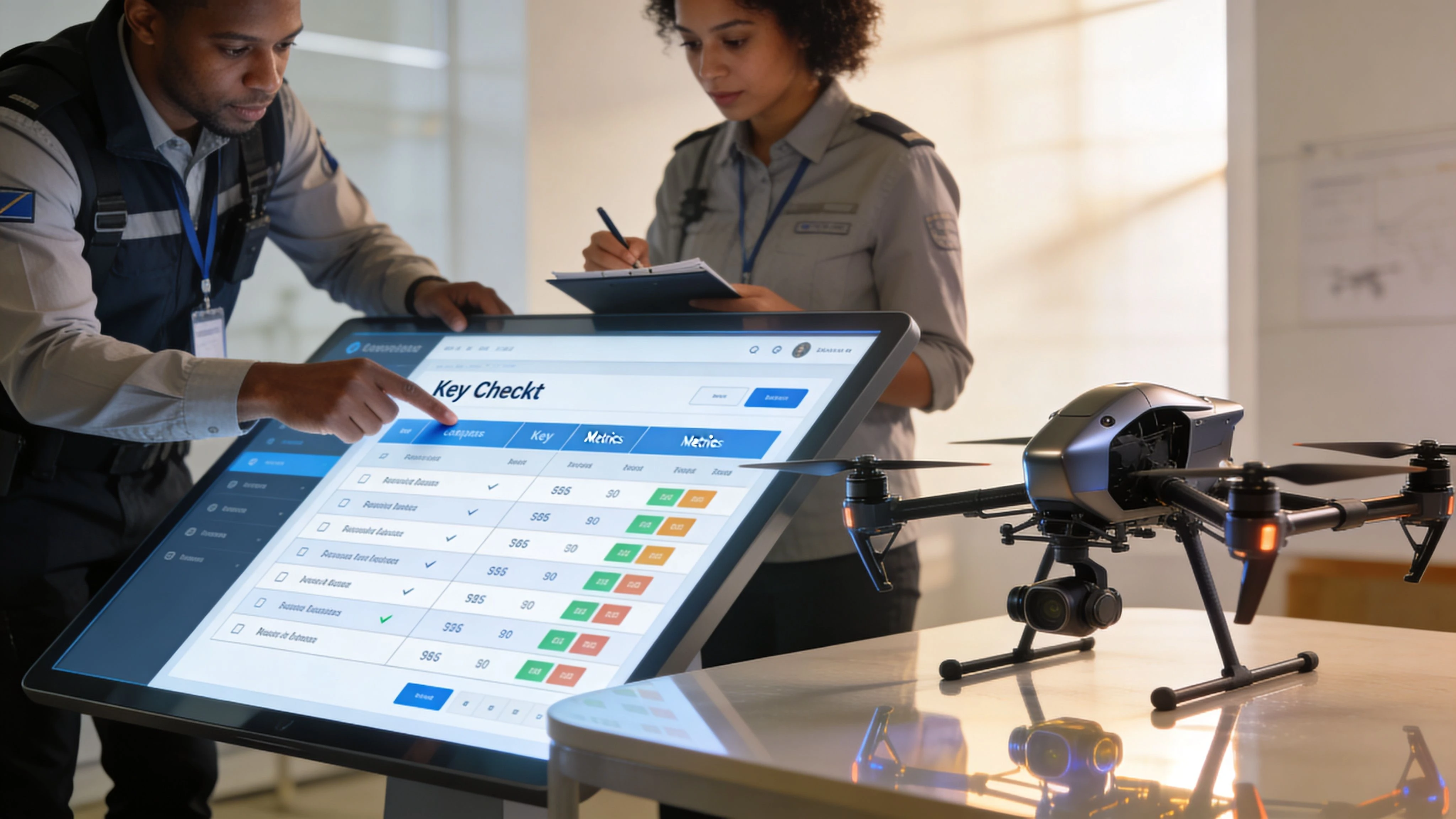 Security personnel using a touchscreen interface to analyze drone performance data and metrics for flight operations.