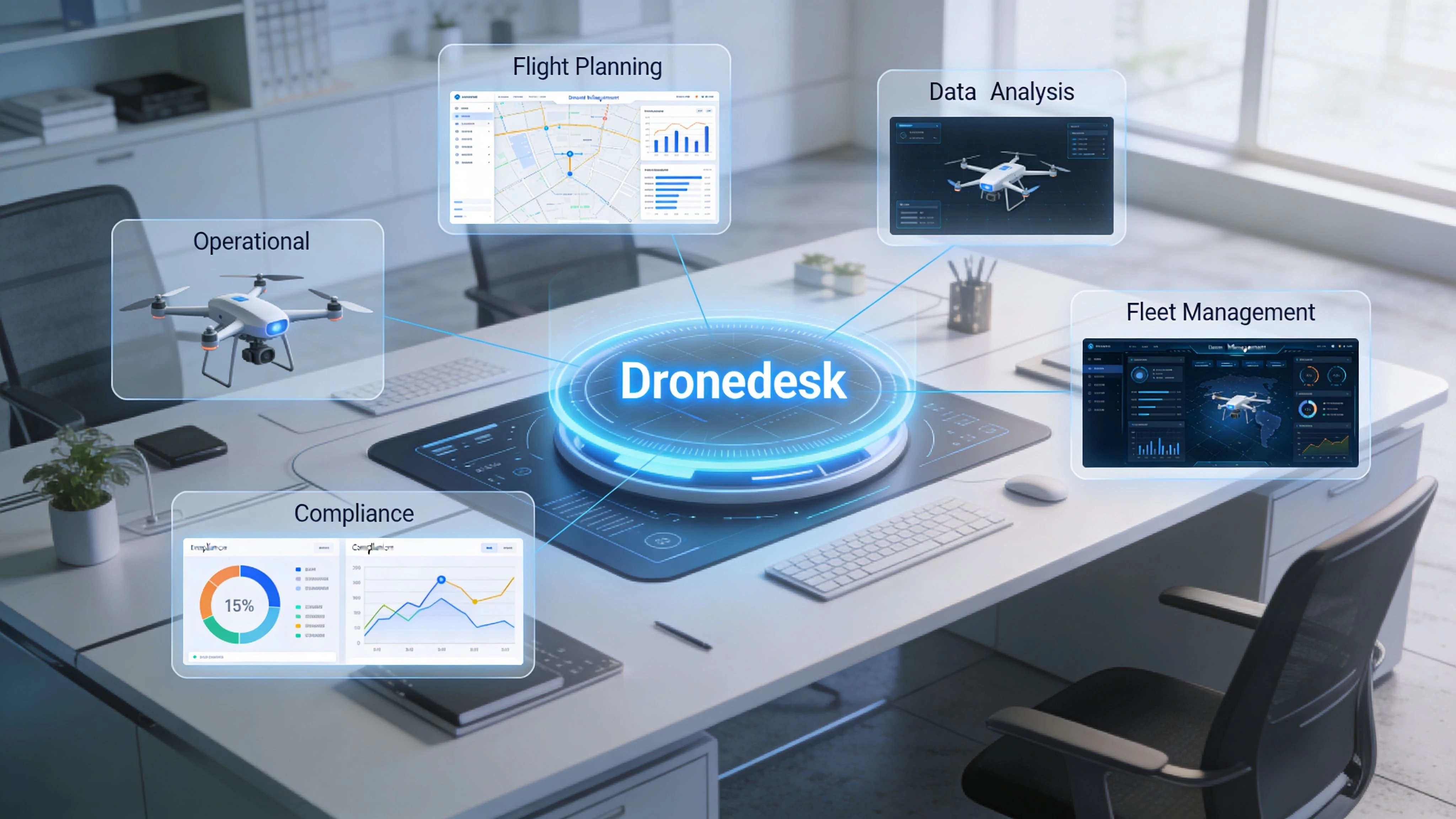 A modern office workspace featuring a digital hub for Dronedesk software and various drone management interface screens.
