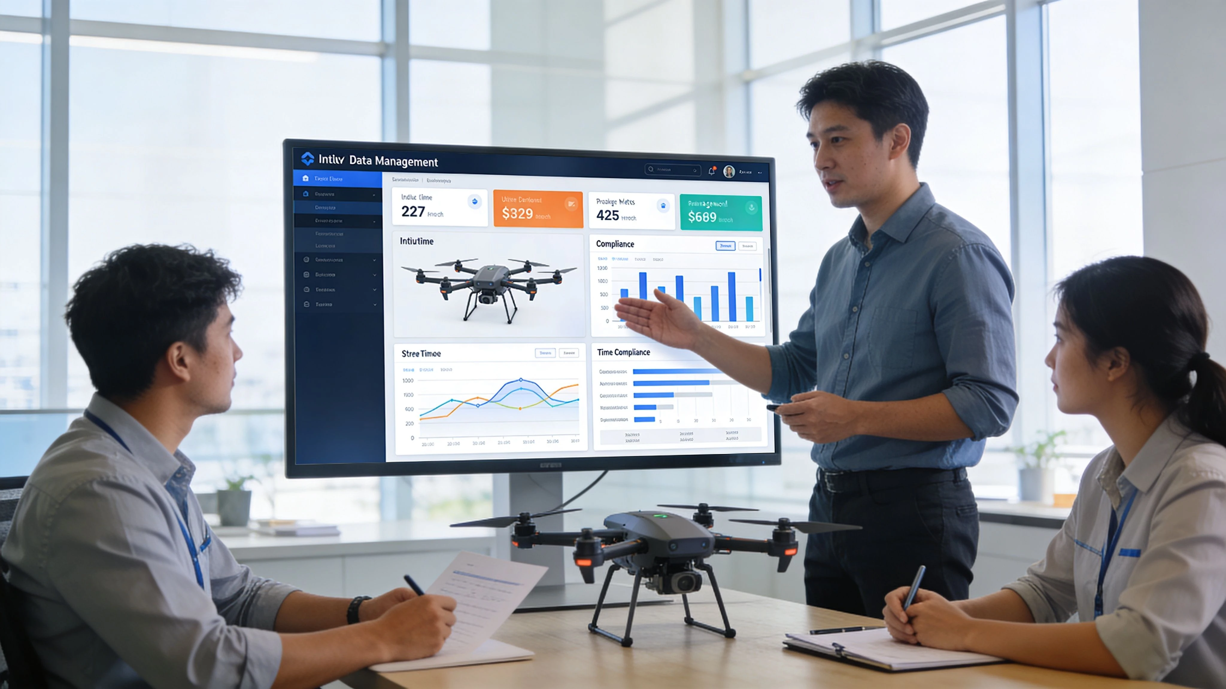 A professional team discussing drone fleet data on a large display screen in an office.