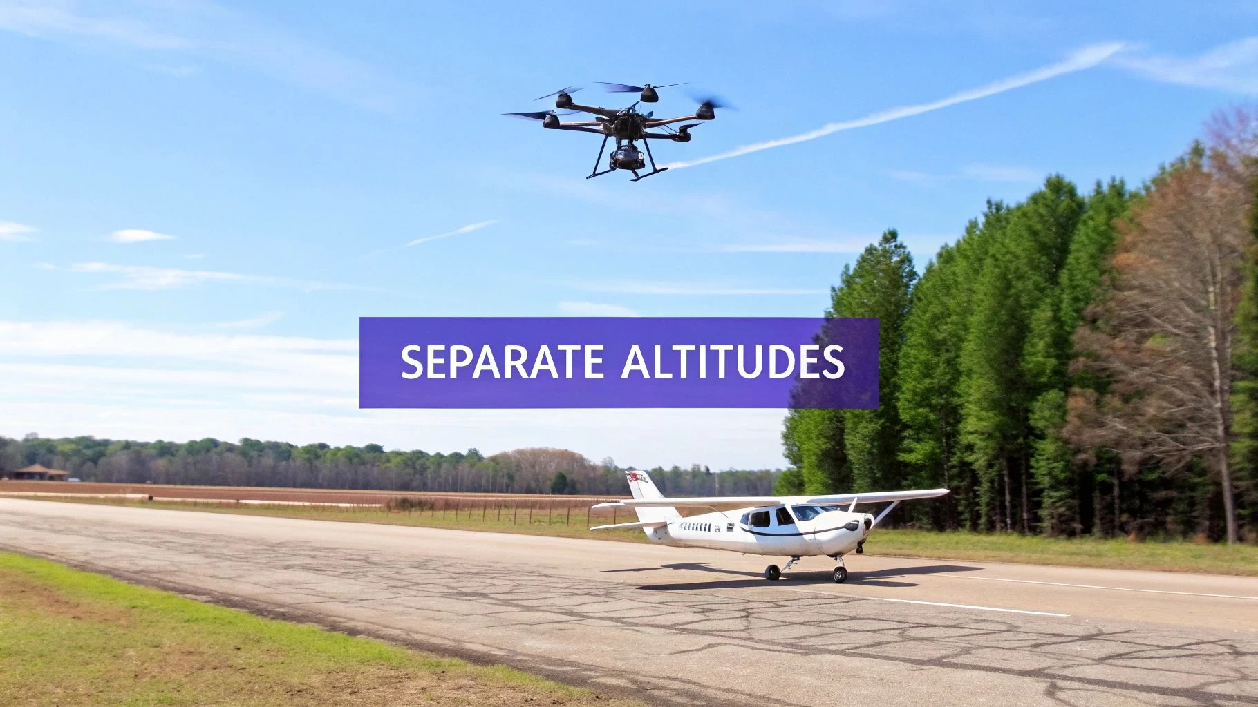 A drone flying in a clear blue sky with a commercial airplane visible at a much higher altitude in the background.