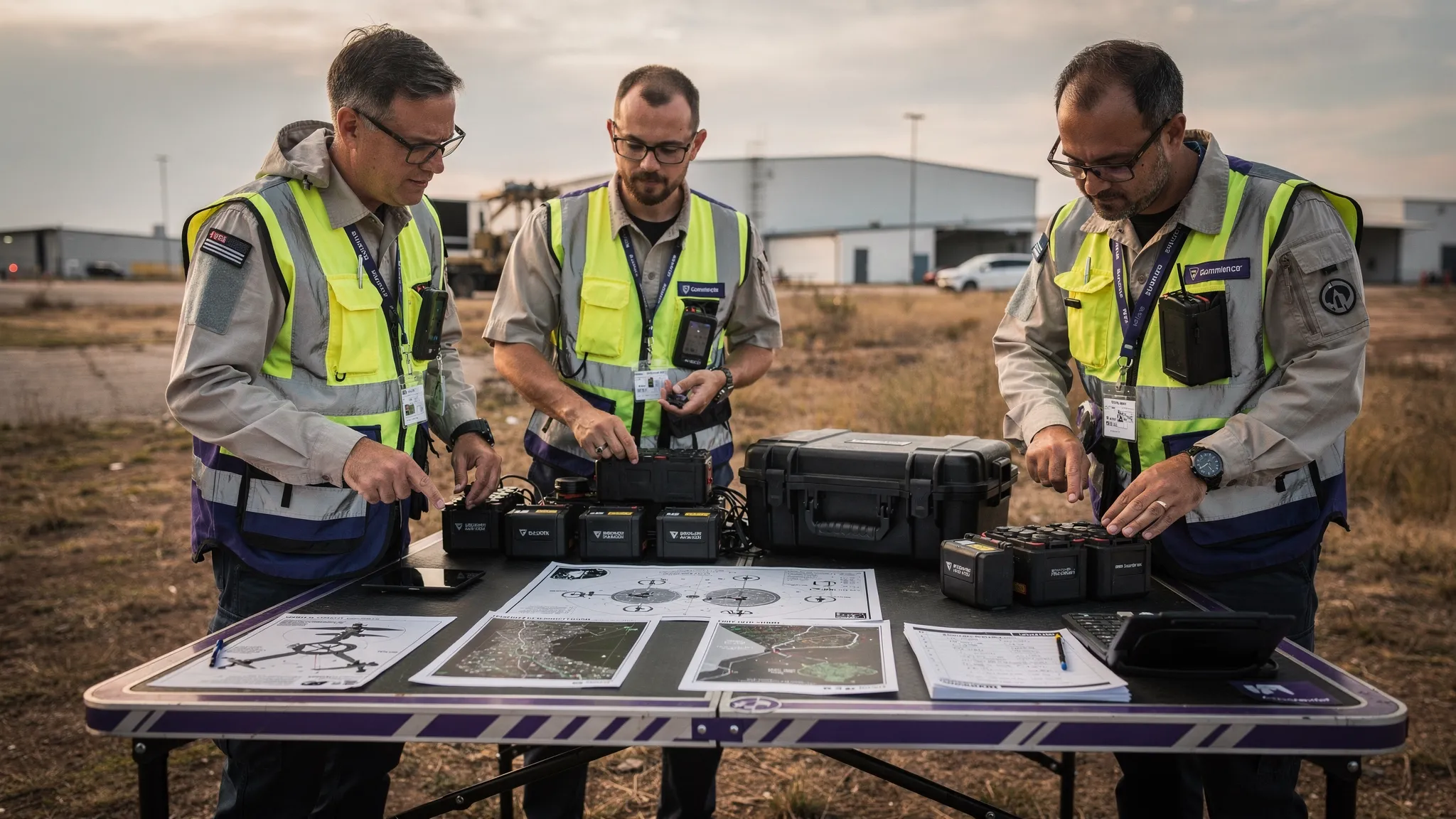 A drone operations team reviewing printed flight plans, aircraft cases and batteries on a field operations table before a multi-pilot inspection mission.