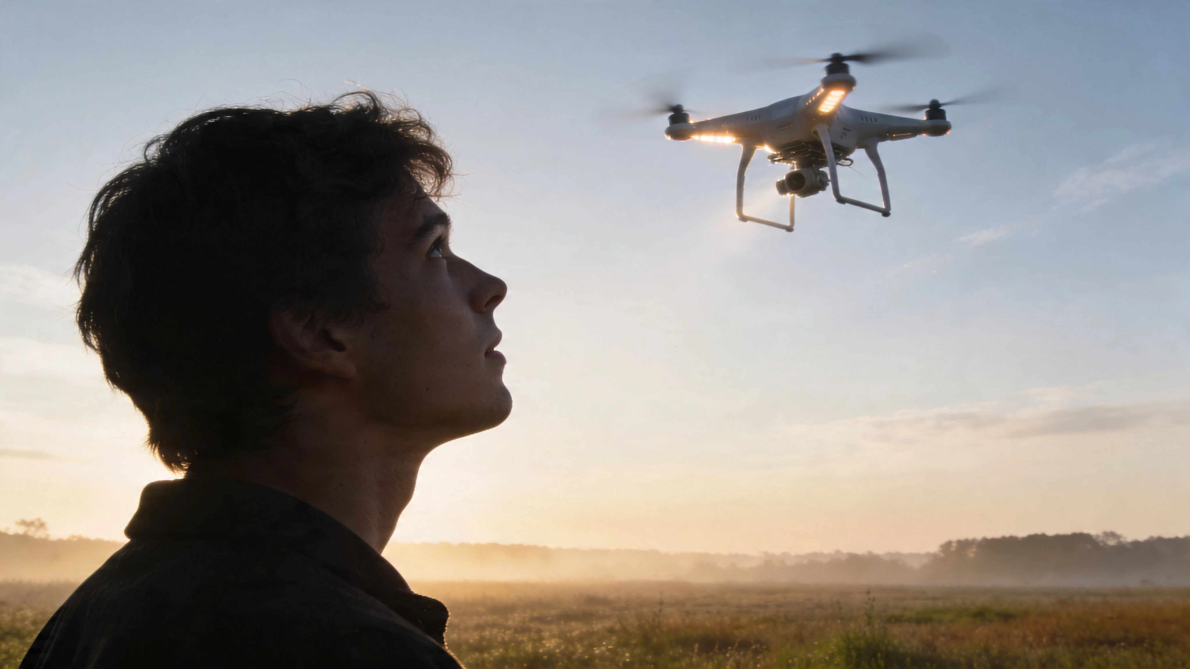 A young pilot looks up at a drone flying in the air during a beautiful sunrise.