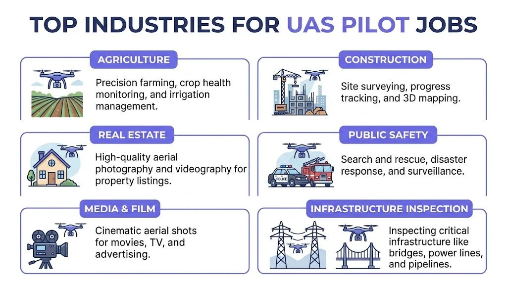 An infographic showing top industries for UAS pilot jobs, including agriculture, construction, real estate, and public safety.