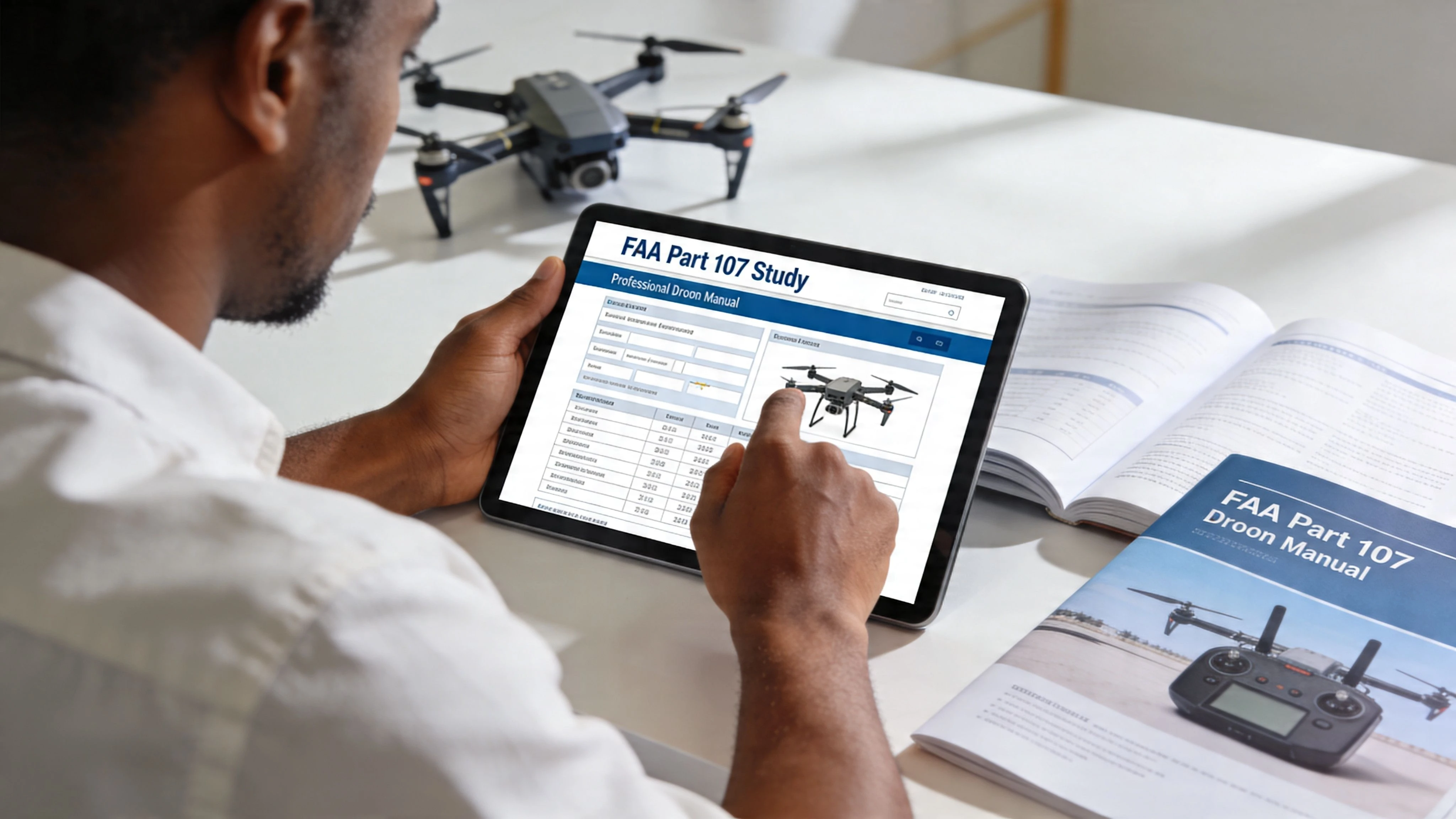 A person studying for an FAA Part 107 drone pilot certification exam on a tablet computer.