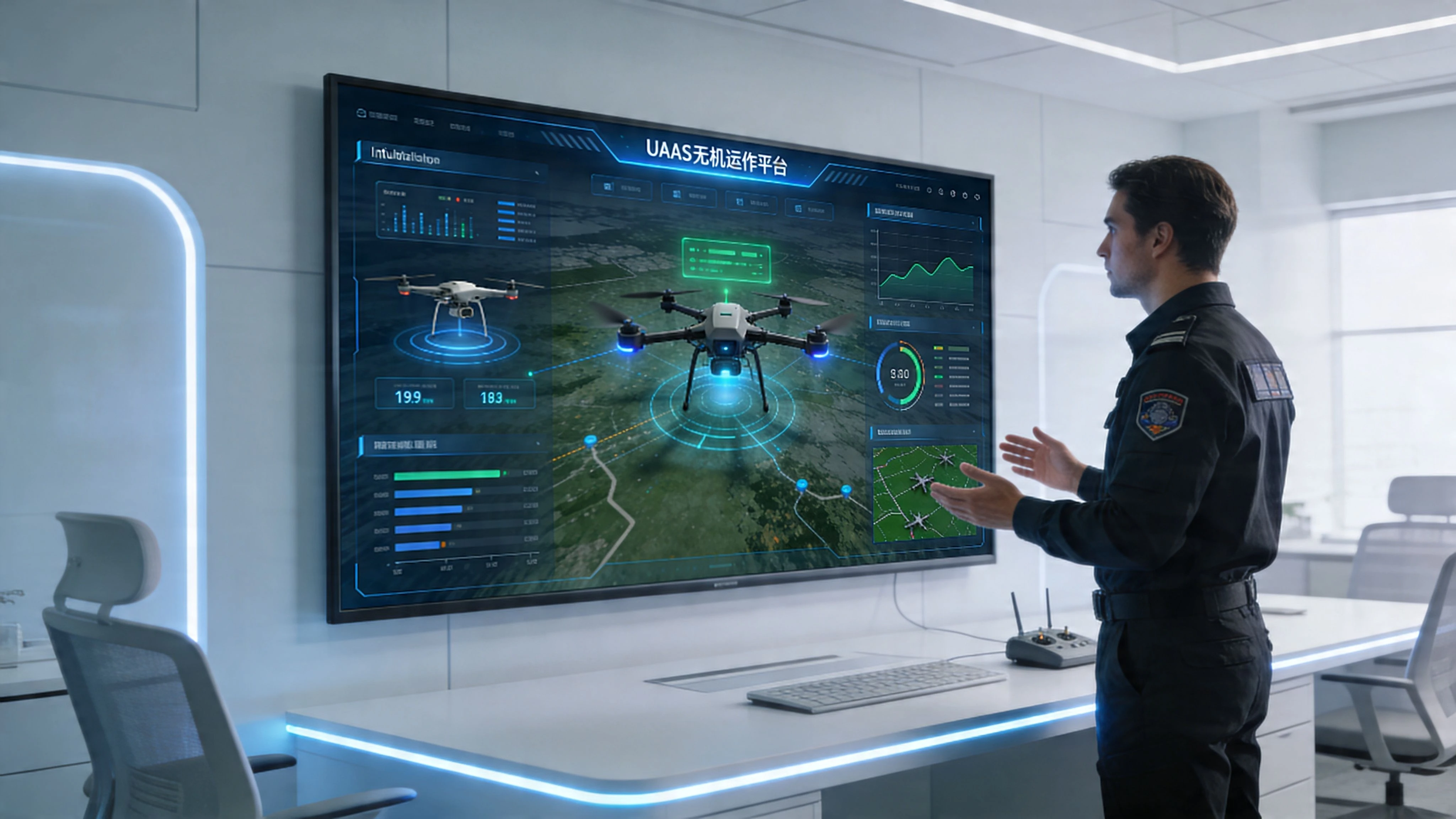 A professional drone operator monitors a flight control platform displaying real-time data and aerial drone telemetry.